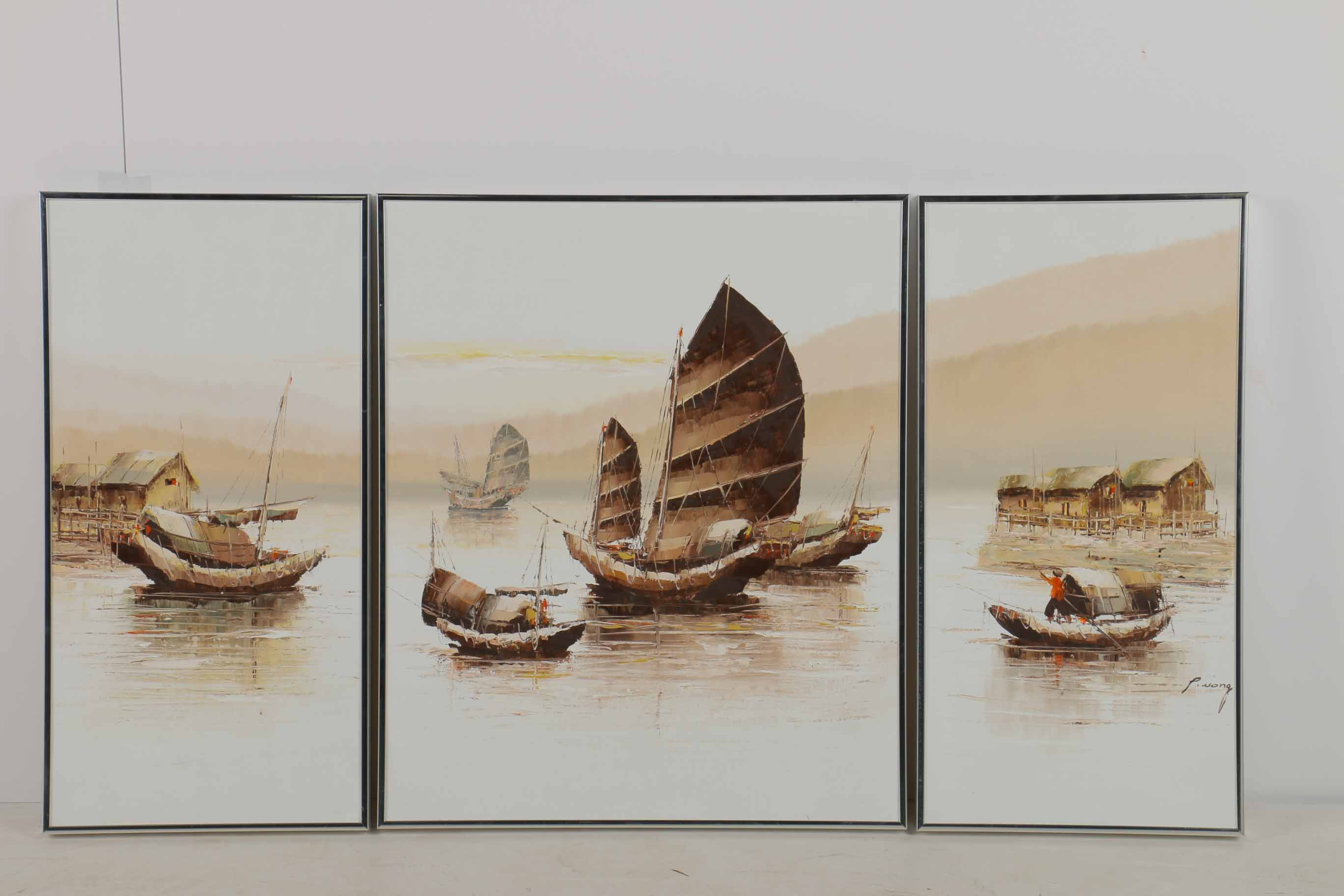 P. Wong Oil Painting on Canvas Triptych of Chinese Boats