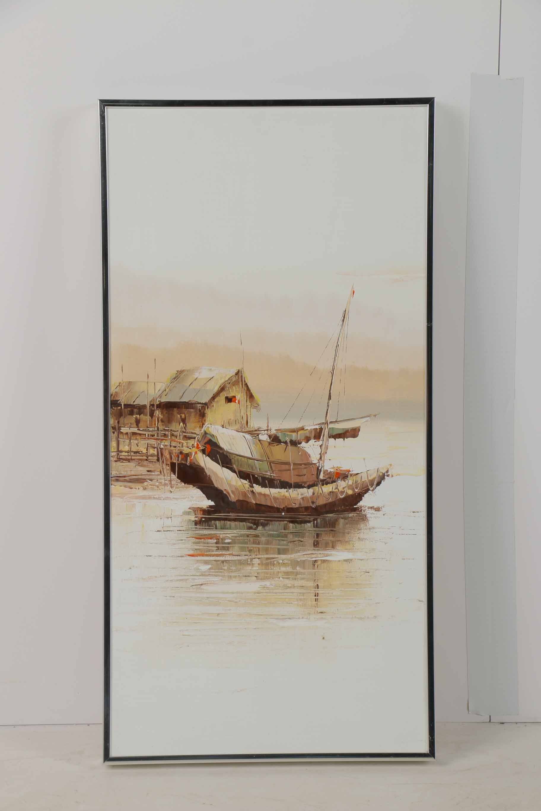 P. Wong Oil Painting on Canvas Triptych of Chinese Boats