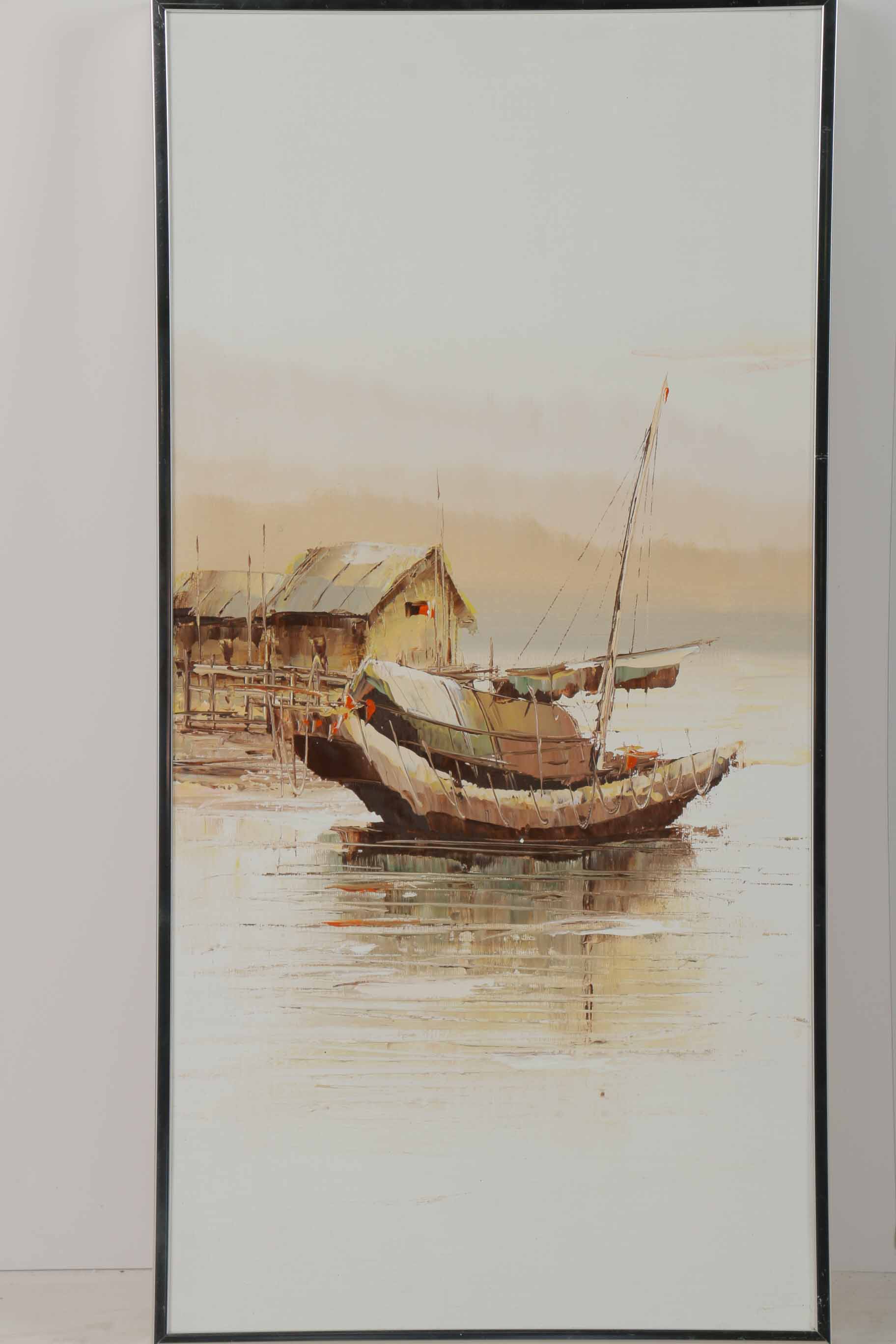P. Wong Oil Painting on Canvas Triptych of Chinese Boats
