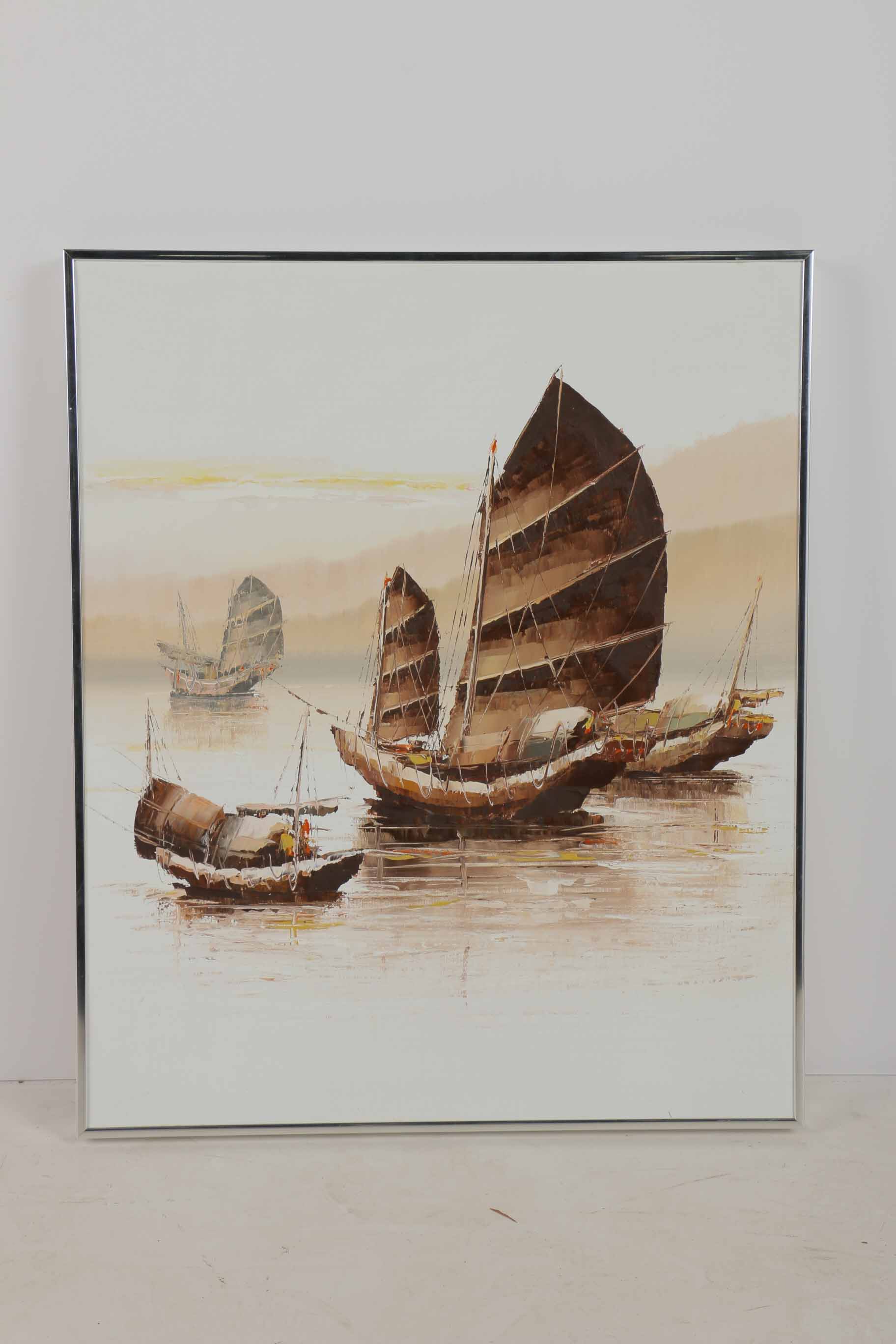 P. Wong Oil Painting on Canvas Triptych of Chinese Boats