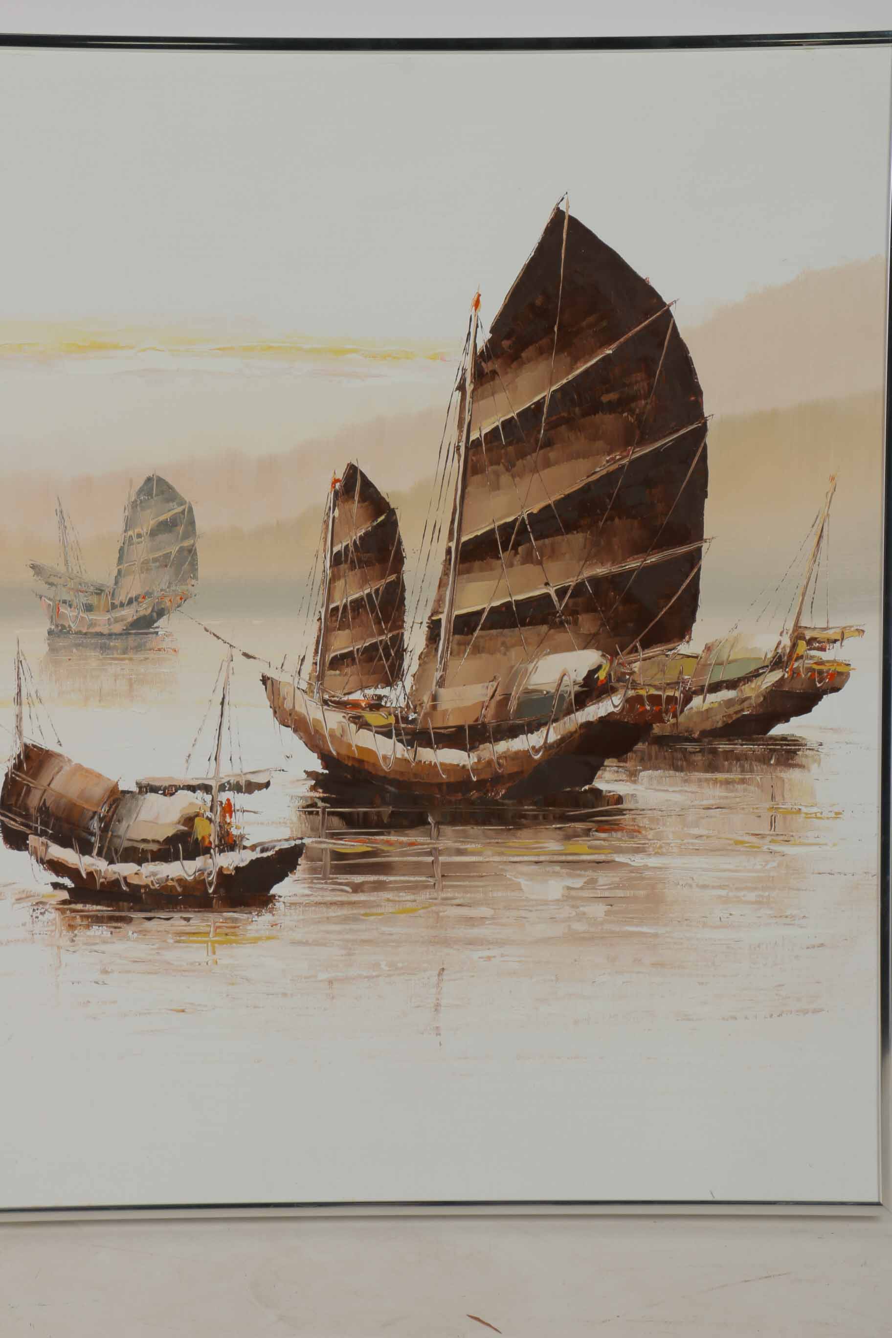 P. Wong Oil Painting on Canvas Triptych of Chinese Boats