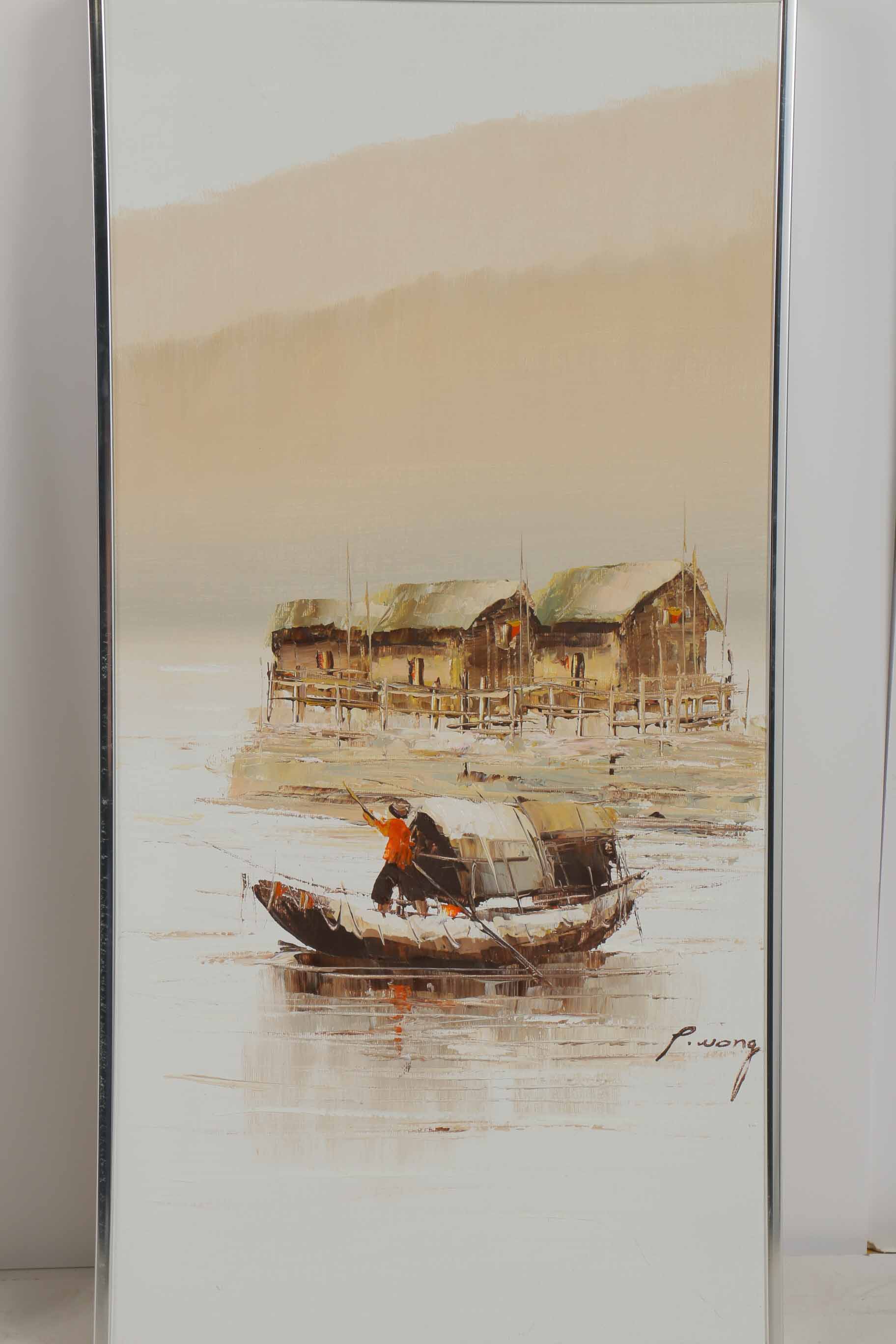 P. Wong Oil Painting on Canvas Triptych of Chinese Boats