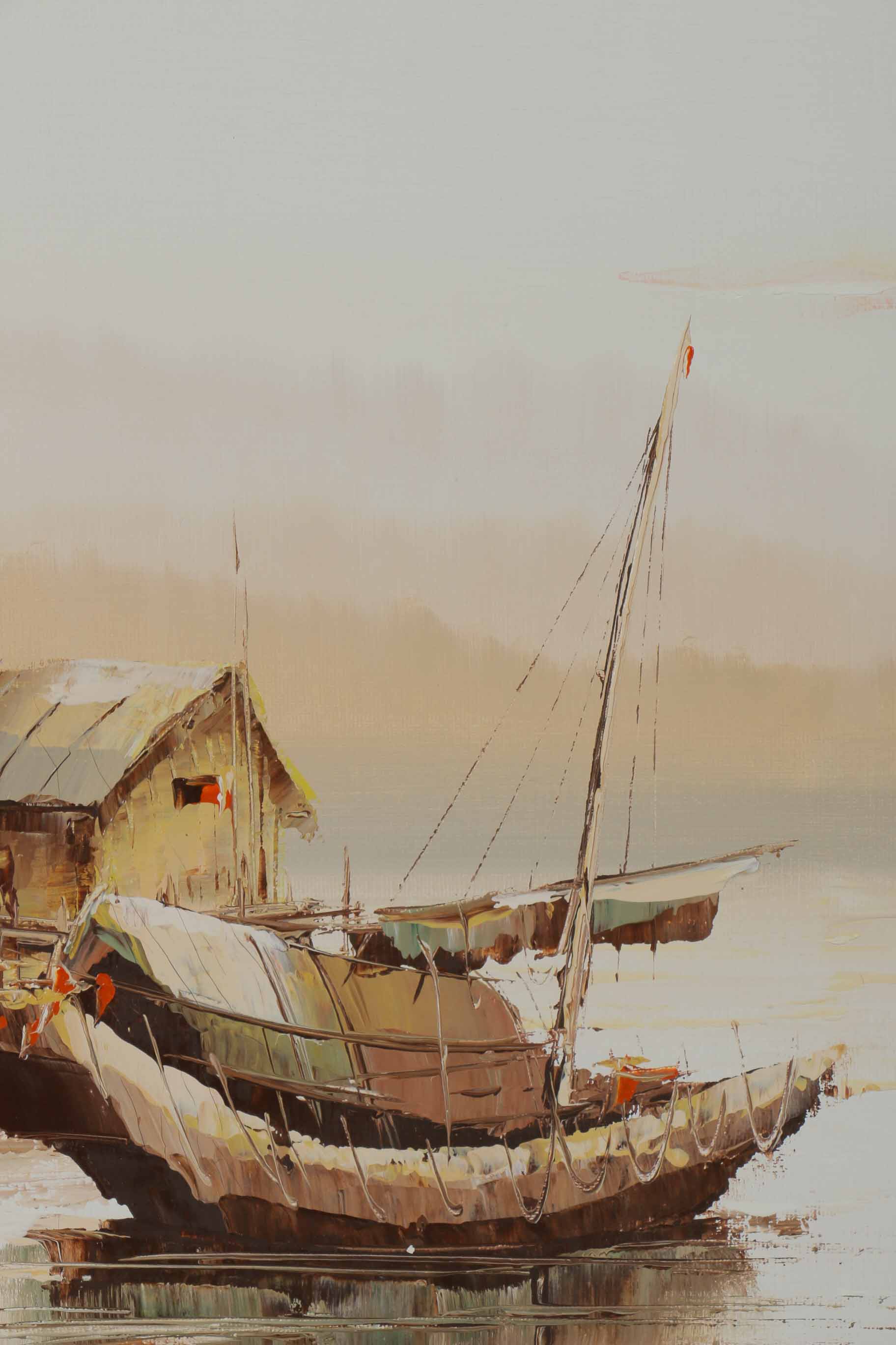 P. Wong Oil Painting on Canvas Triptych of Chinese Boats