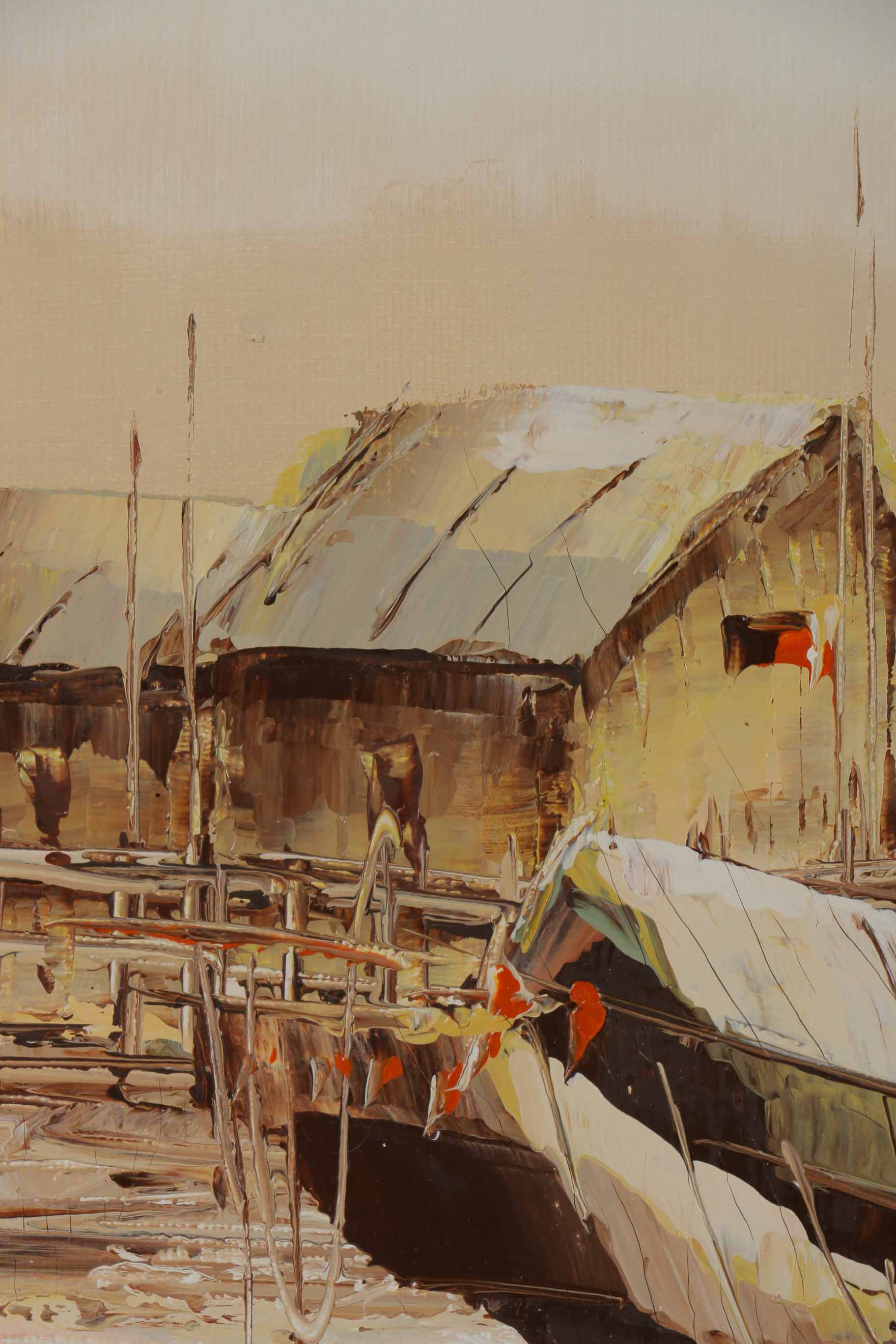 P. Wong Oil Painting on Canvas Triptych of Chinese Boats