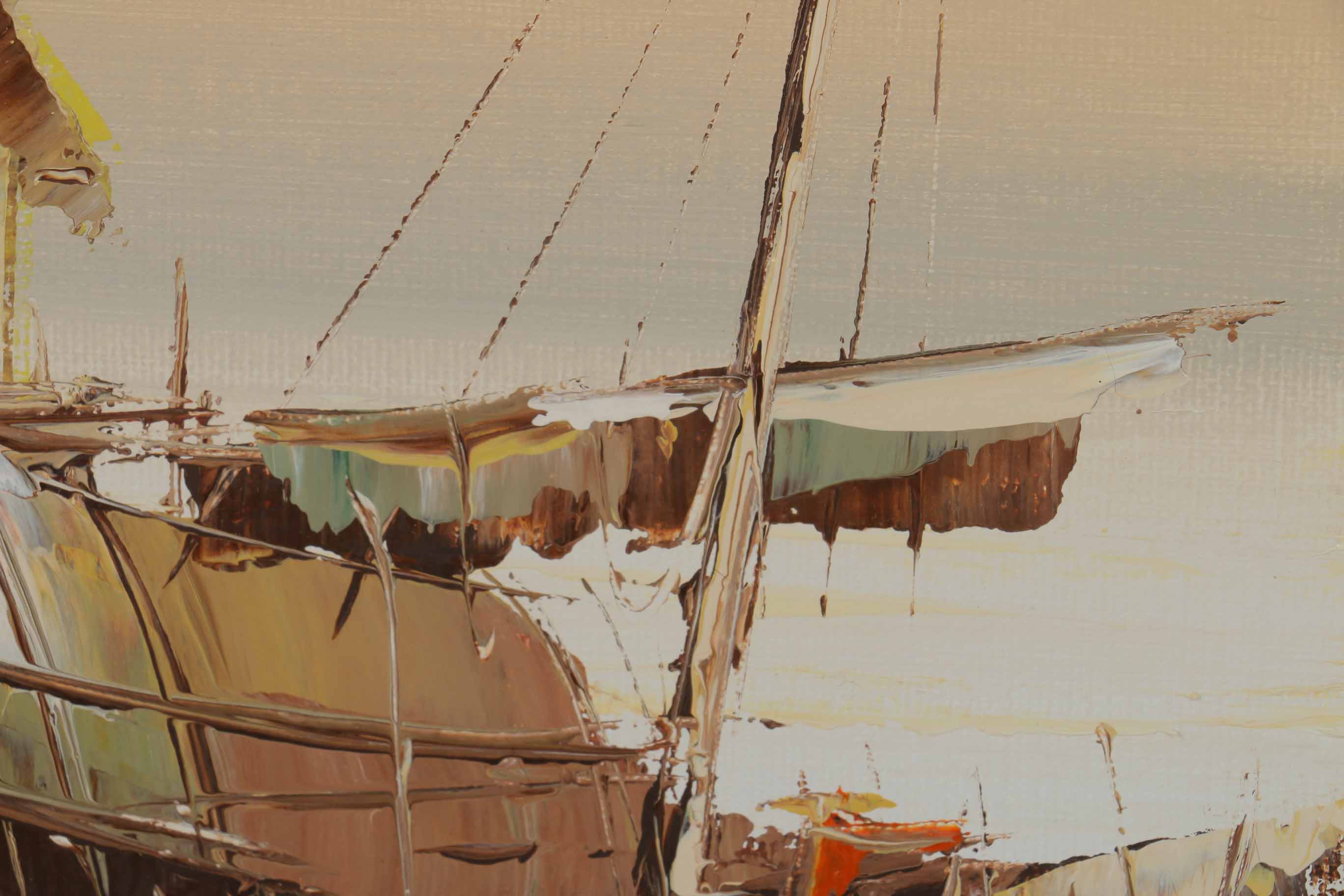 P. Wong Oil Painting on Canvas Triptych of Chinese Boats