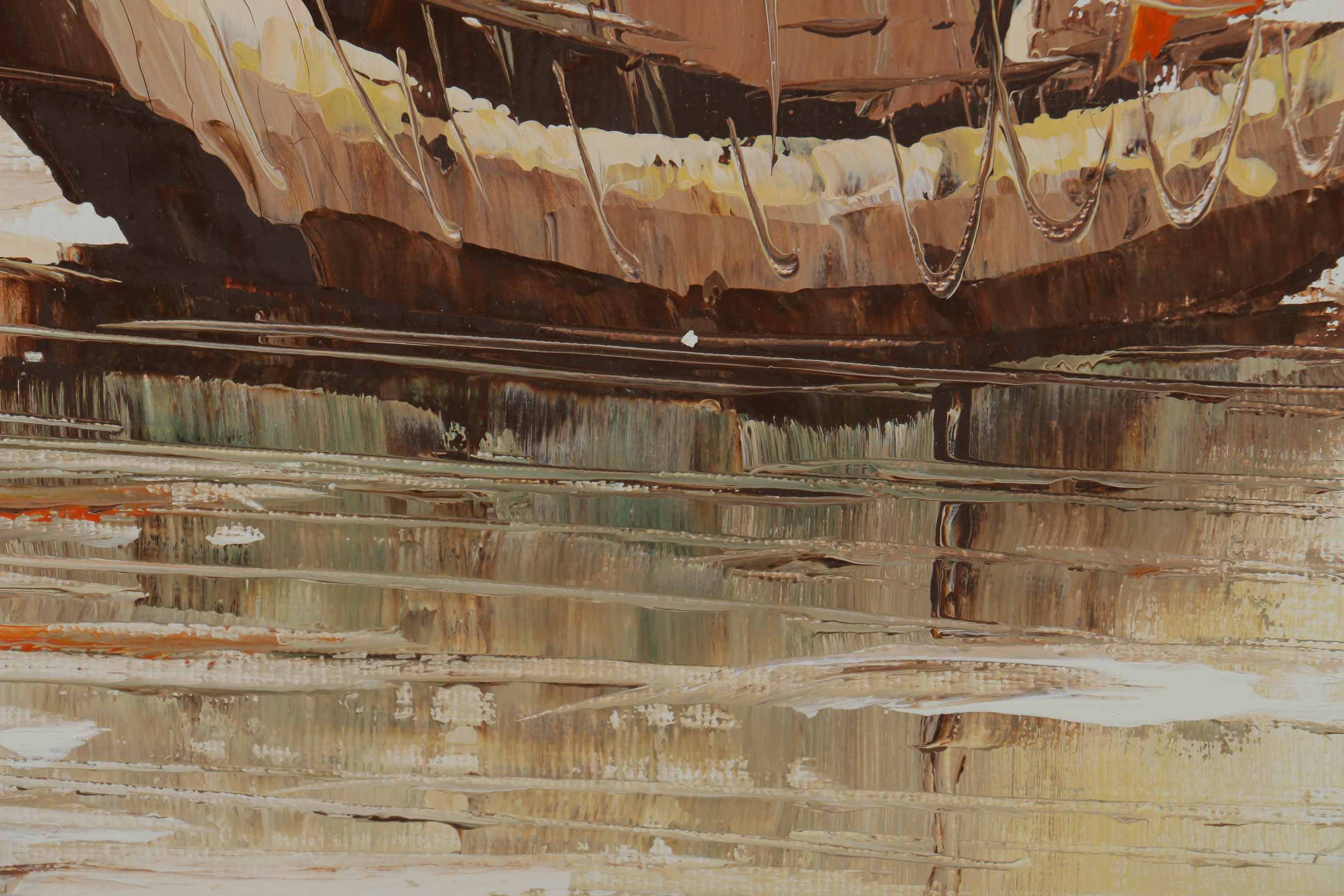 P. Wong Oil Painting on Canvas Triptych of Chinese Boats