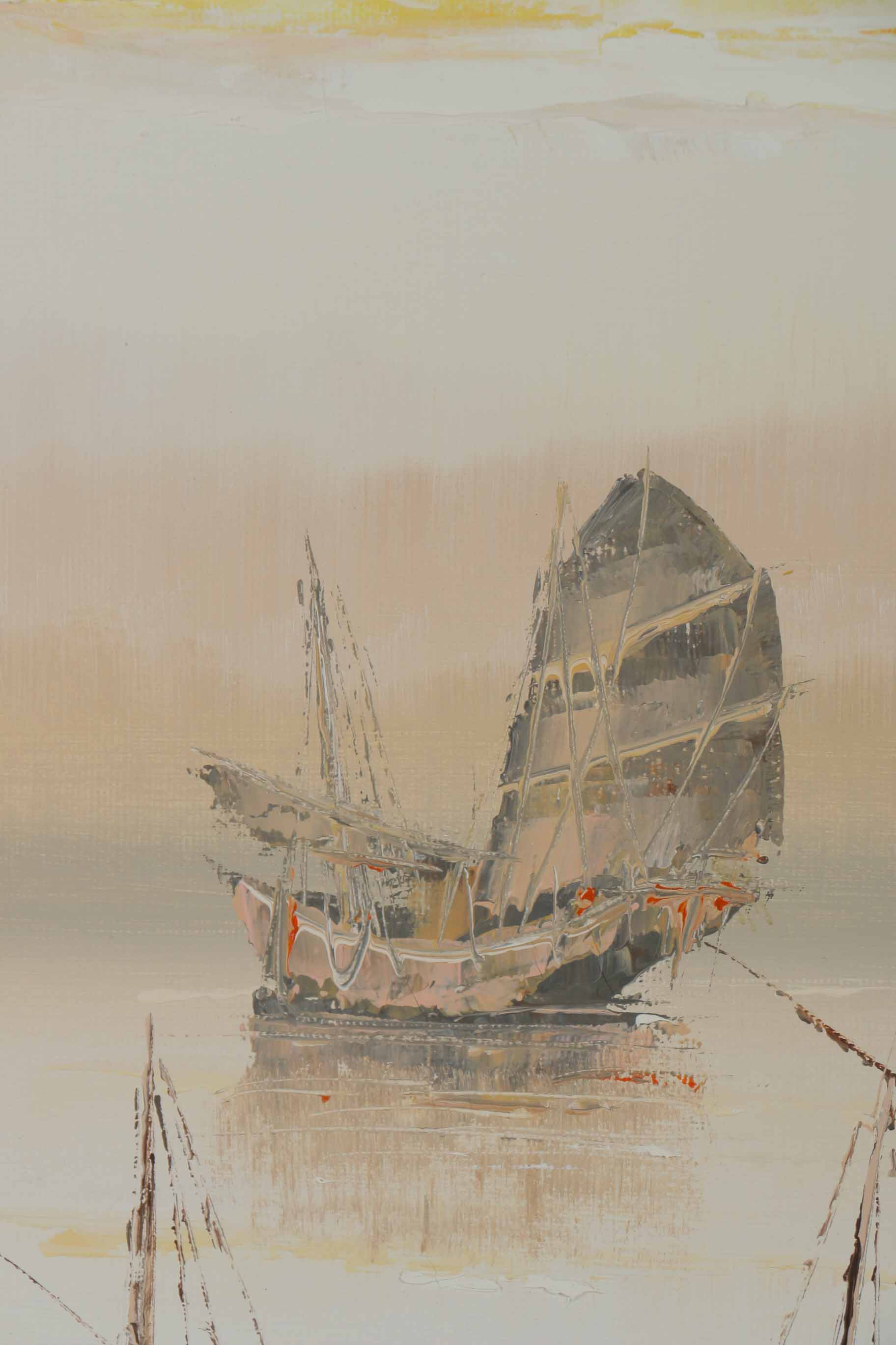 P. Wong Oil Painting on Canvas Triptych of Chinese Boats