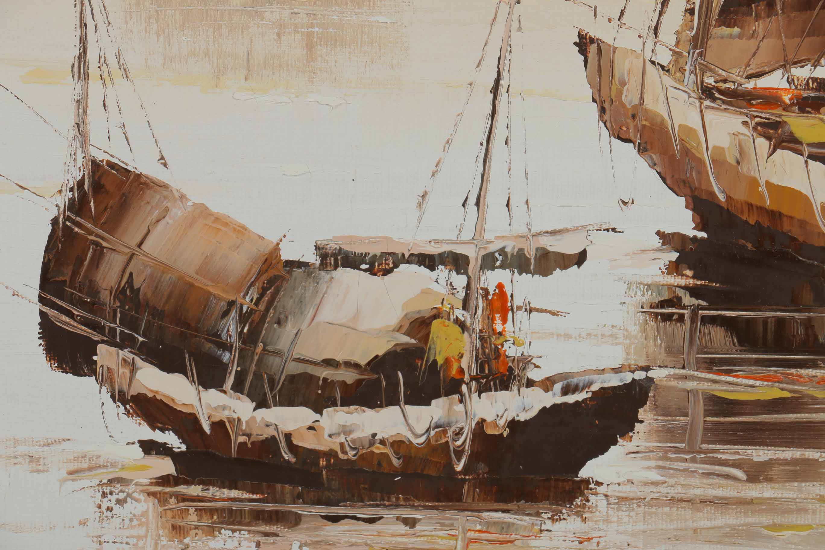 P. Wong Oil Painting on Canvas Triptych of Chinese Boats