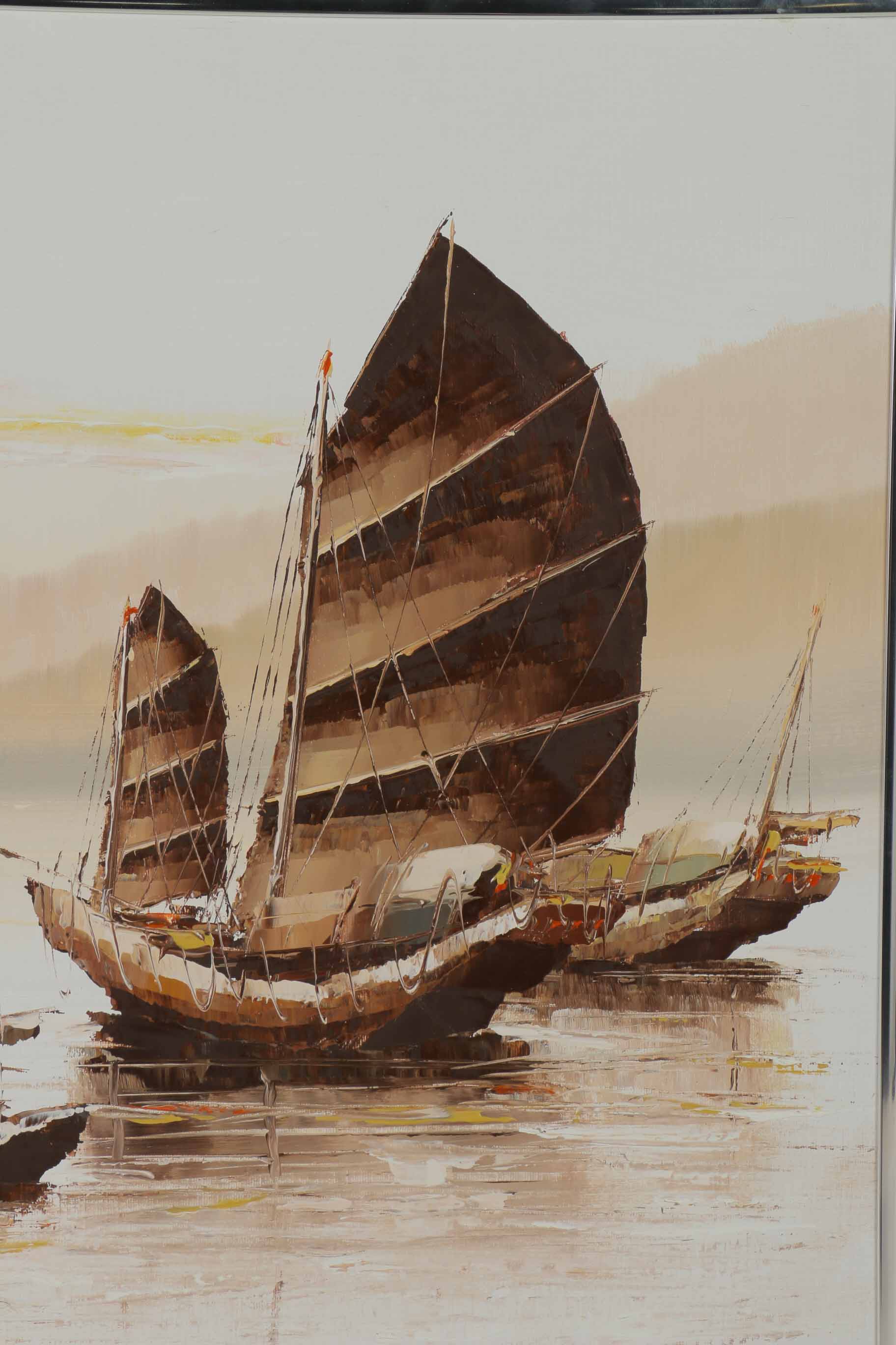 P. Wong Oil Painting on Canvas Triptych of Chinese Boats