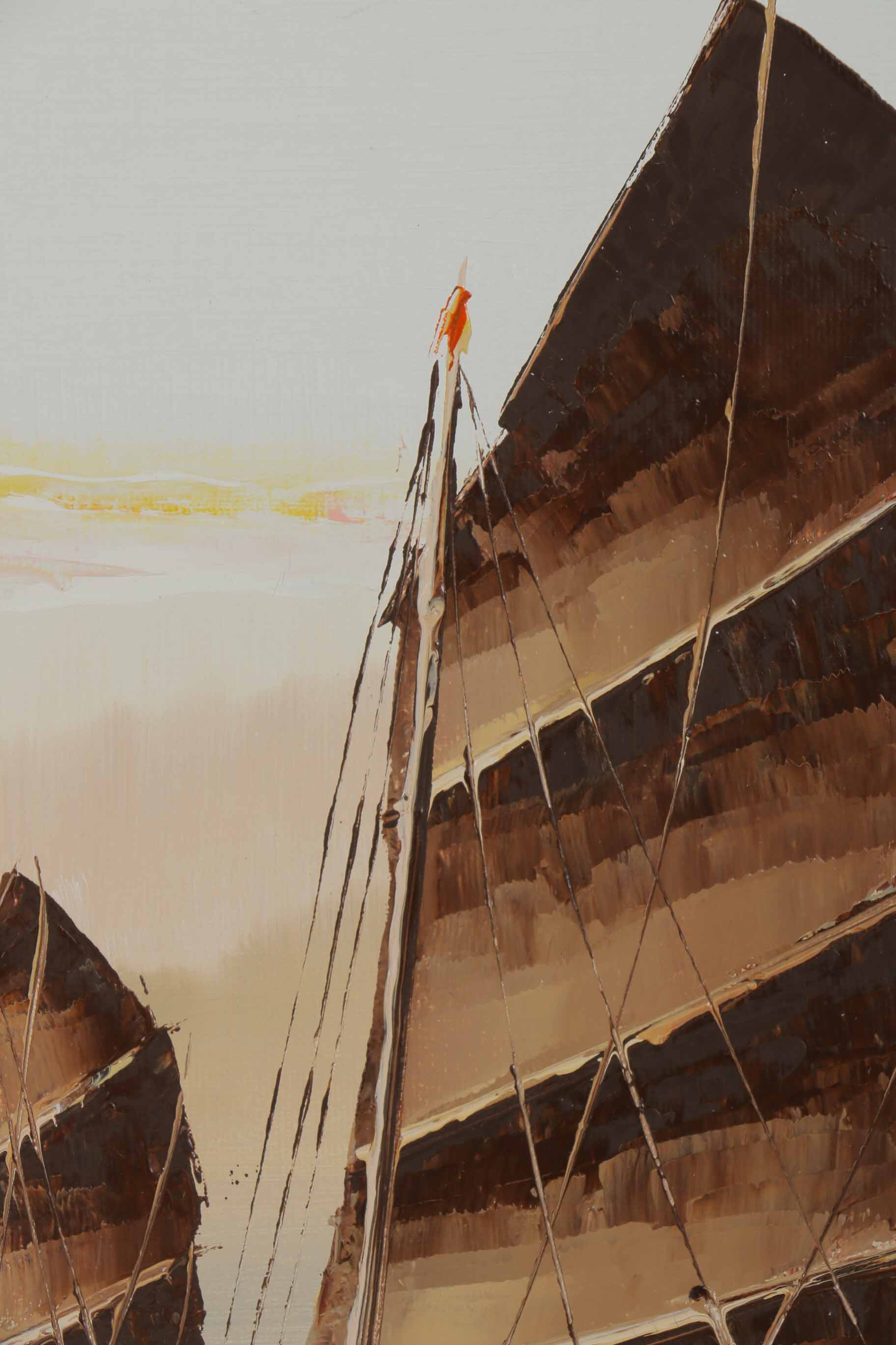 P. Wong Oil Painting on Canvas Triptych of Chinese Boats