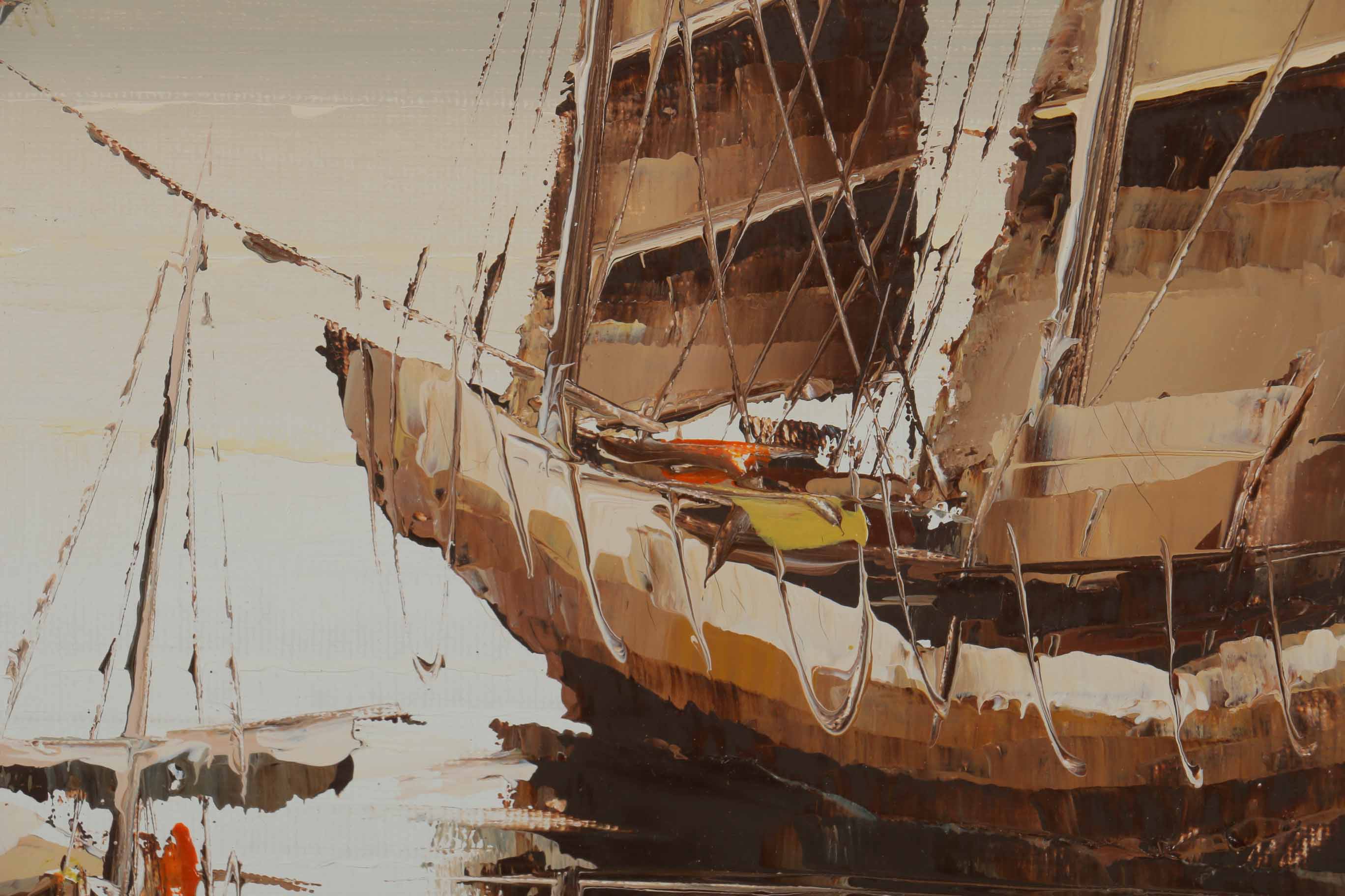 P. Wong Oil Painting on Canvas Triptych of Chinese Boats