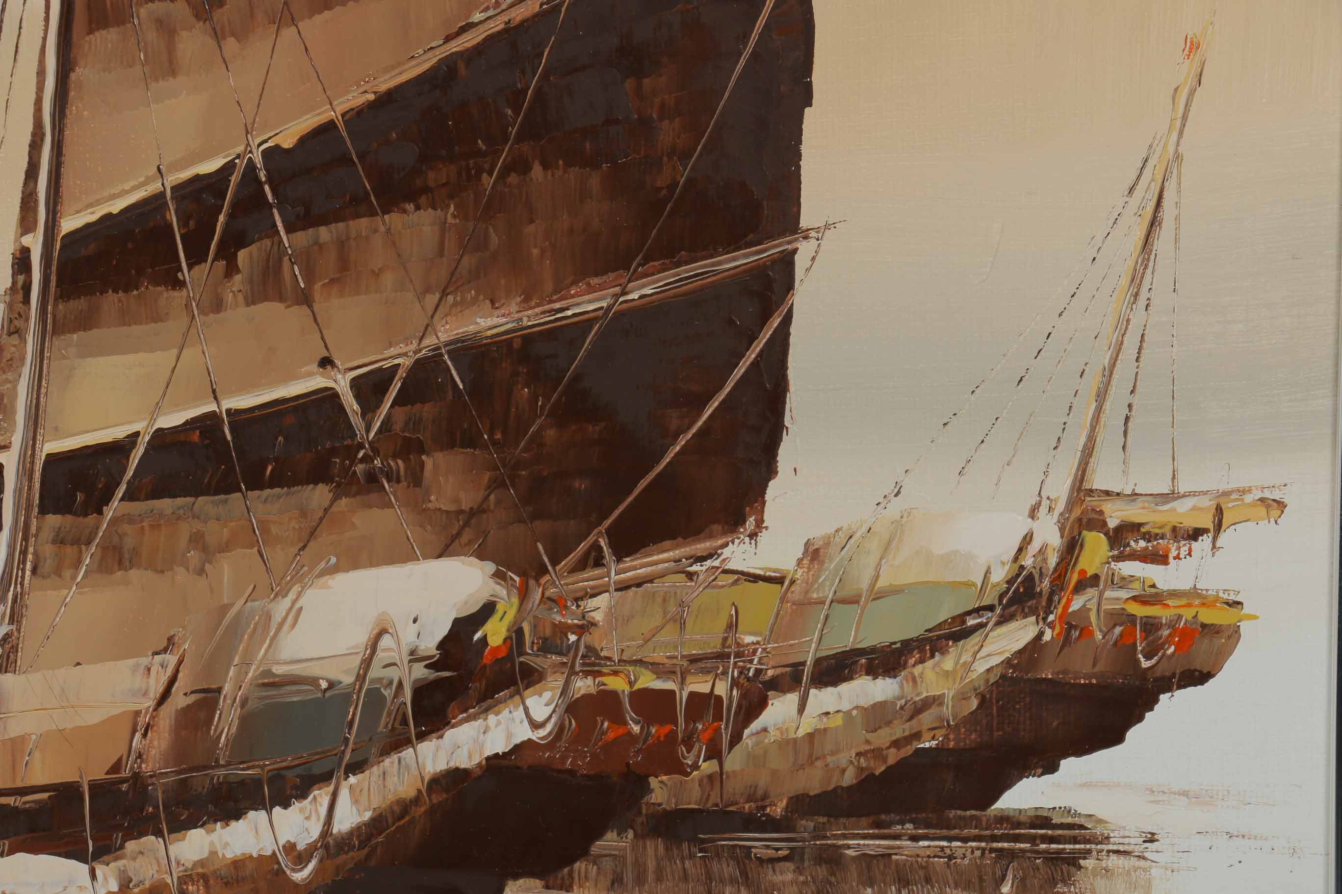 P. Wong Oil Painting on Canvas Triptych of Chinese Boats
