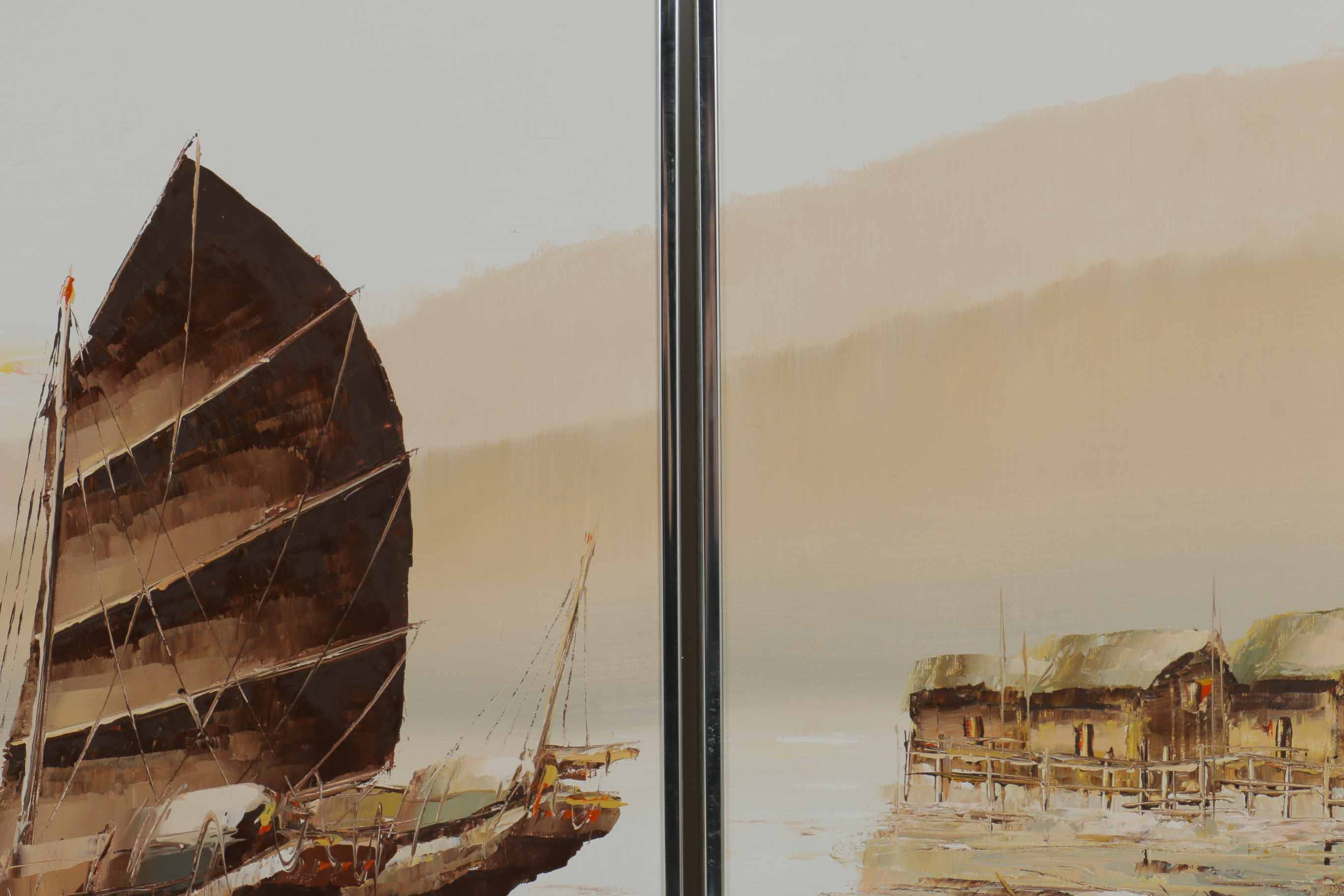 P. Wong Oil Painting on Canvas Triptych of Chinese Boats