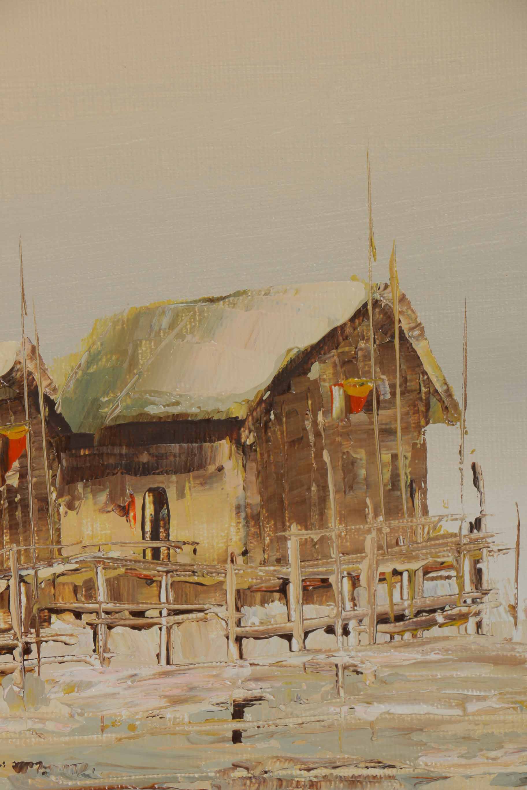 P. Wong Oil Painting on Canvas Triptych of Chinese Boats