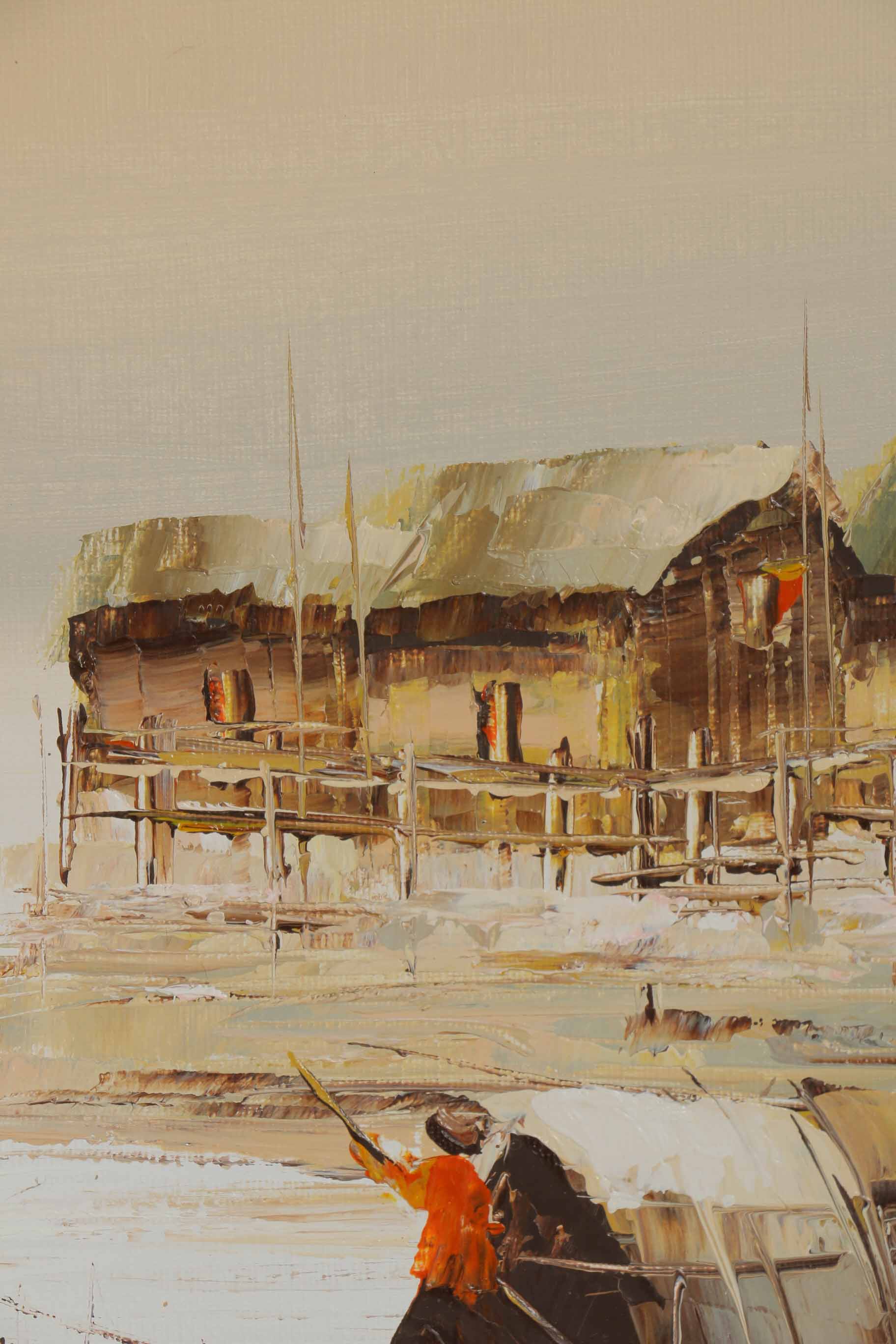 P. Wong Oil Painting on Canvas Triptych of Chinese Boats