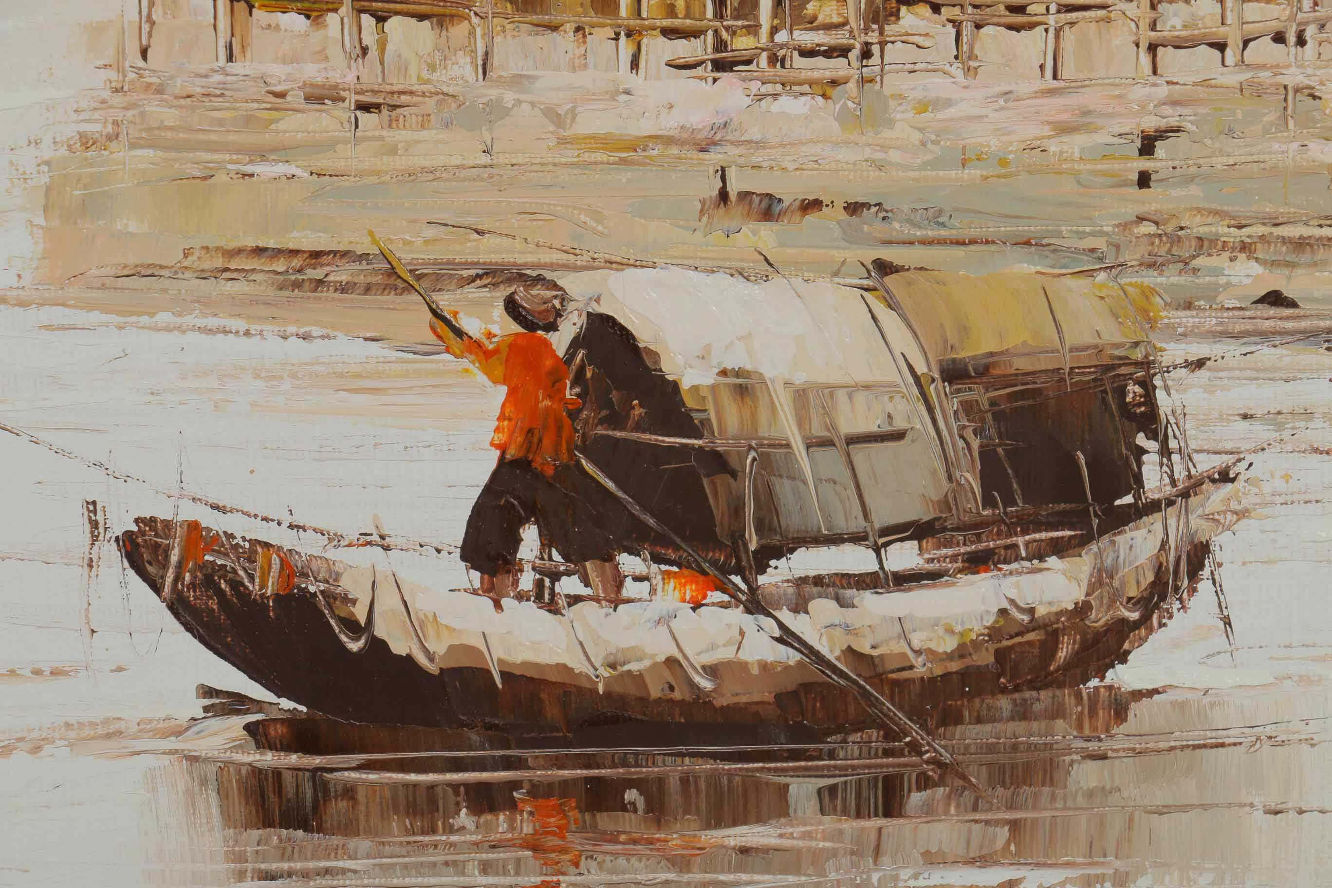 P. Wong Oil Painting on Canvas Triptych of Chinese Boats