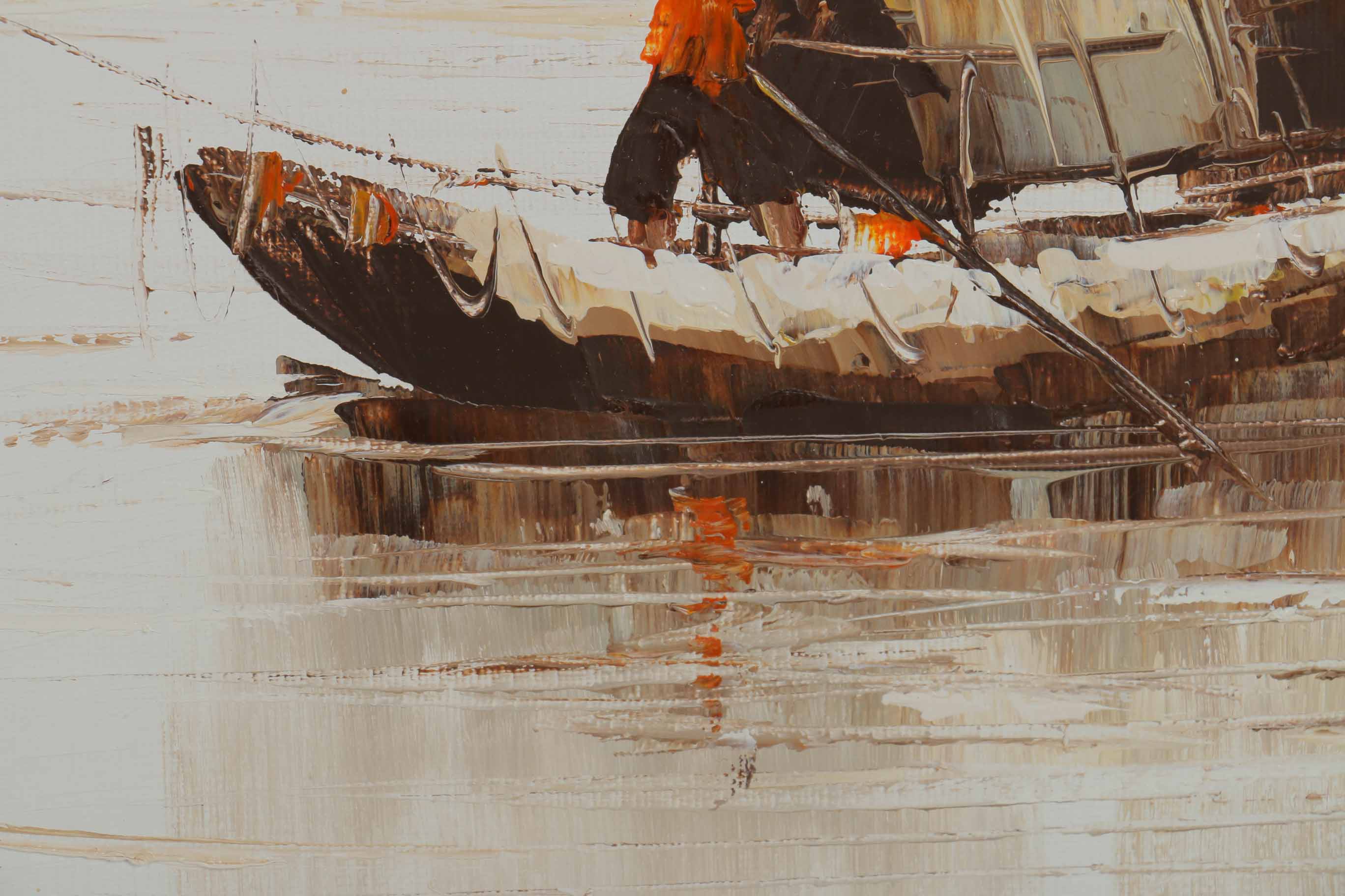 P. Wong Oil Painting on Canvas Triptych of Chinese Boats