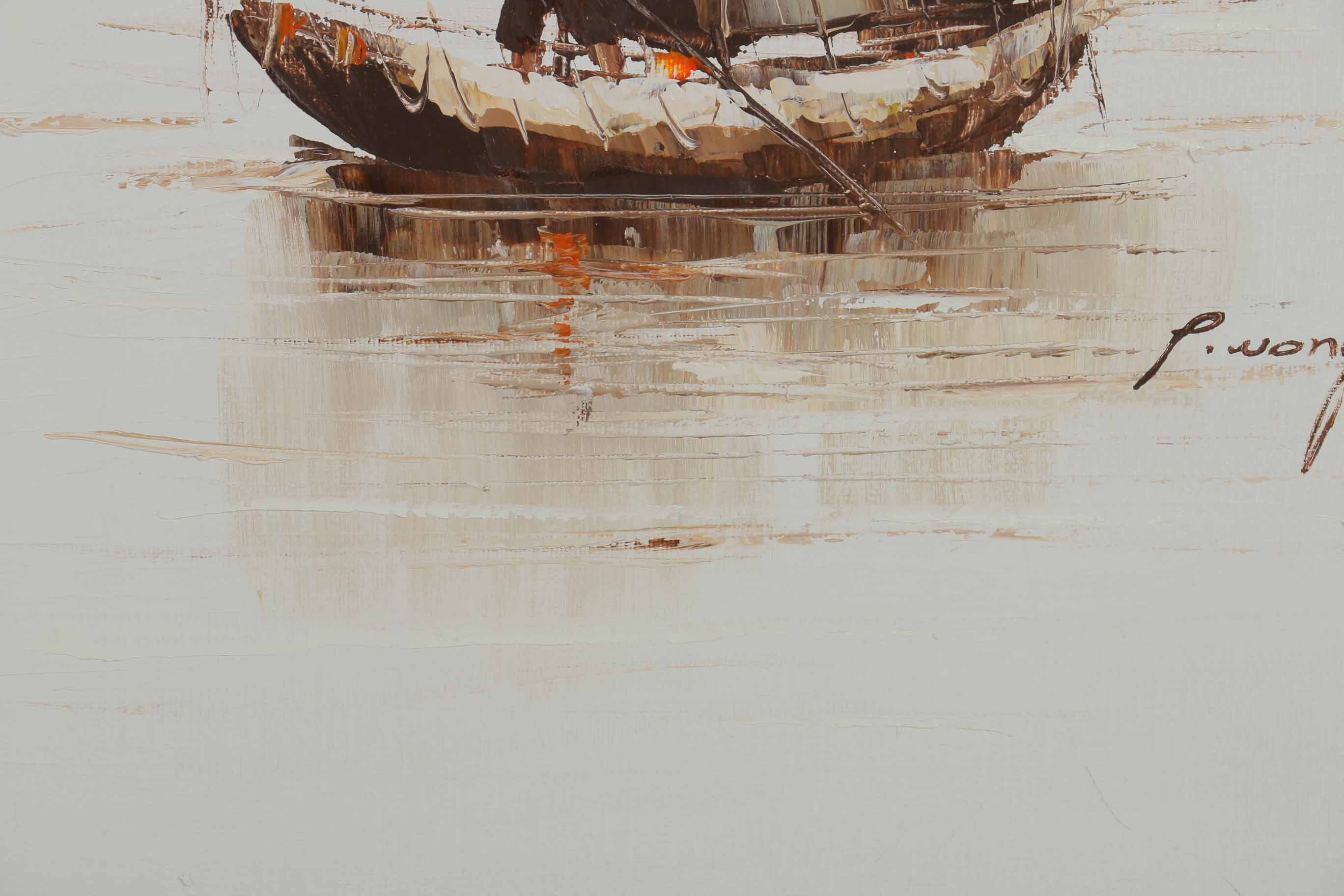 P. Wong Oil Painting on Canvas Triptych of Chinese Boats