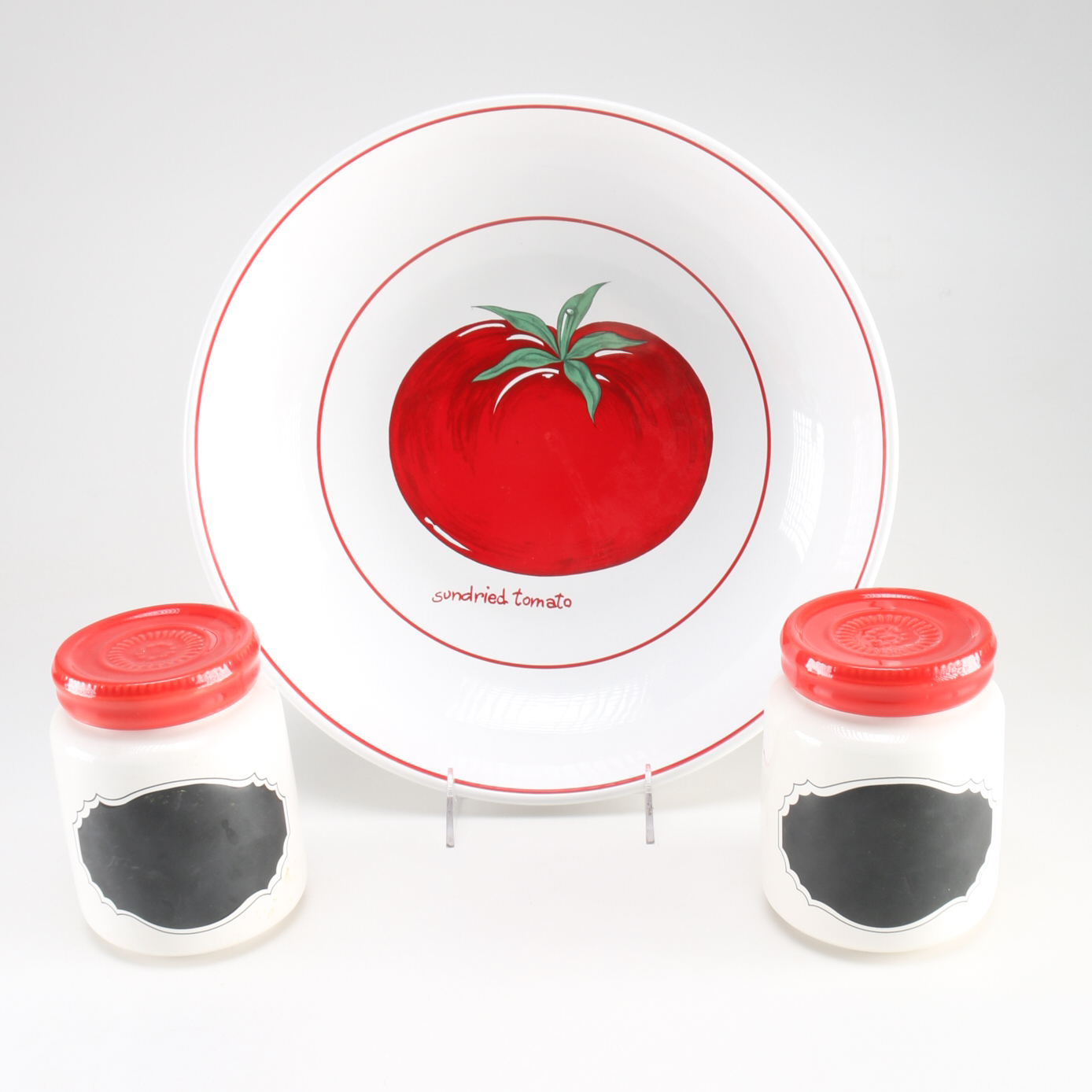 White and Red Tomato Theme Plate and Vintage Jars