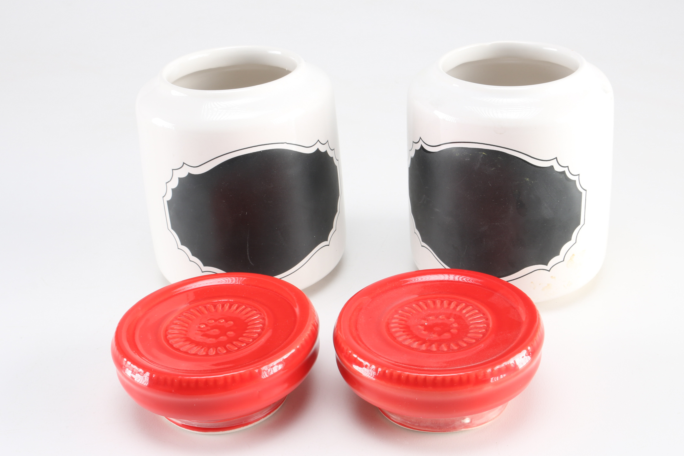 White and Red Tomato Theme Plate and Vintage Jars