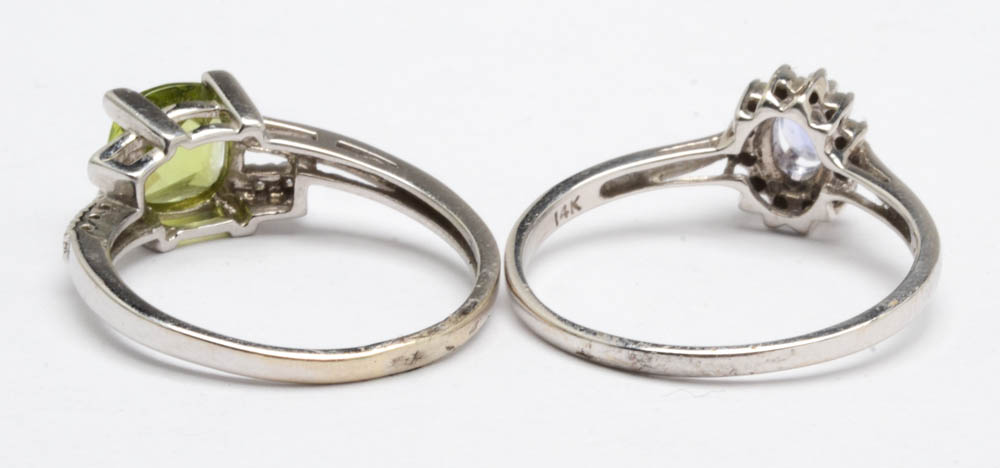 Pairing of 14K White Gold Semi-Precious Stone Diamond Rings