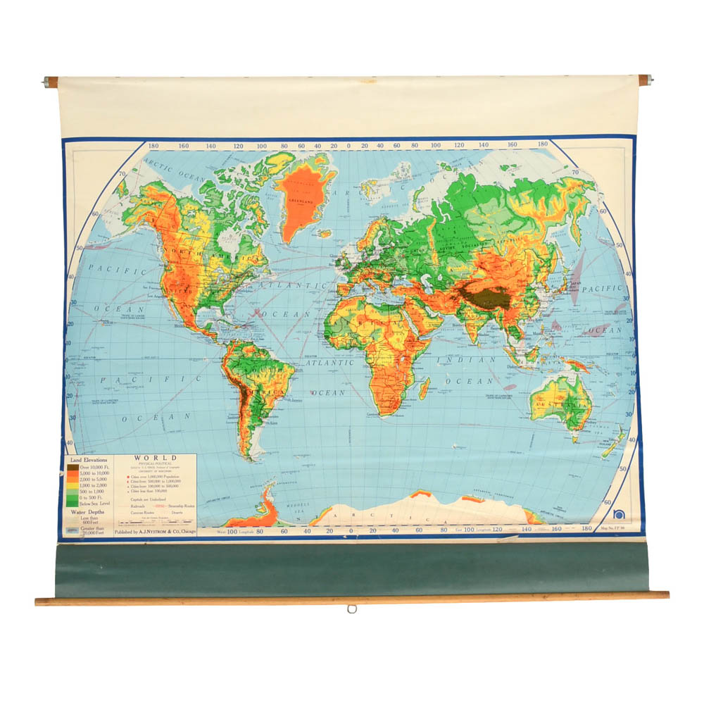 1968 Vintage Pull-Down World Map