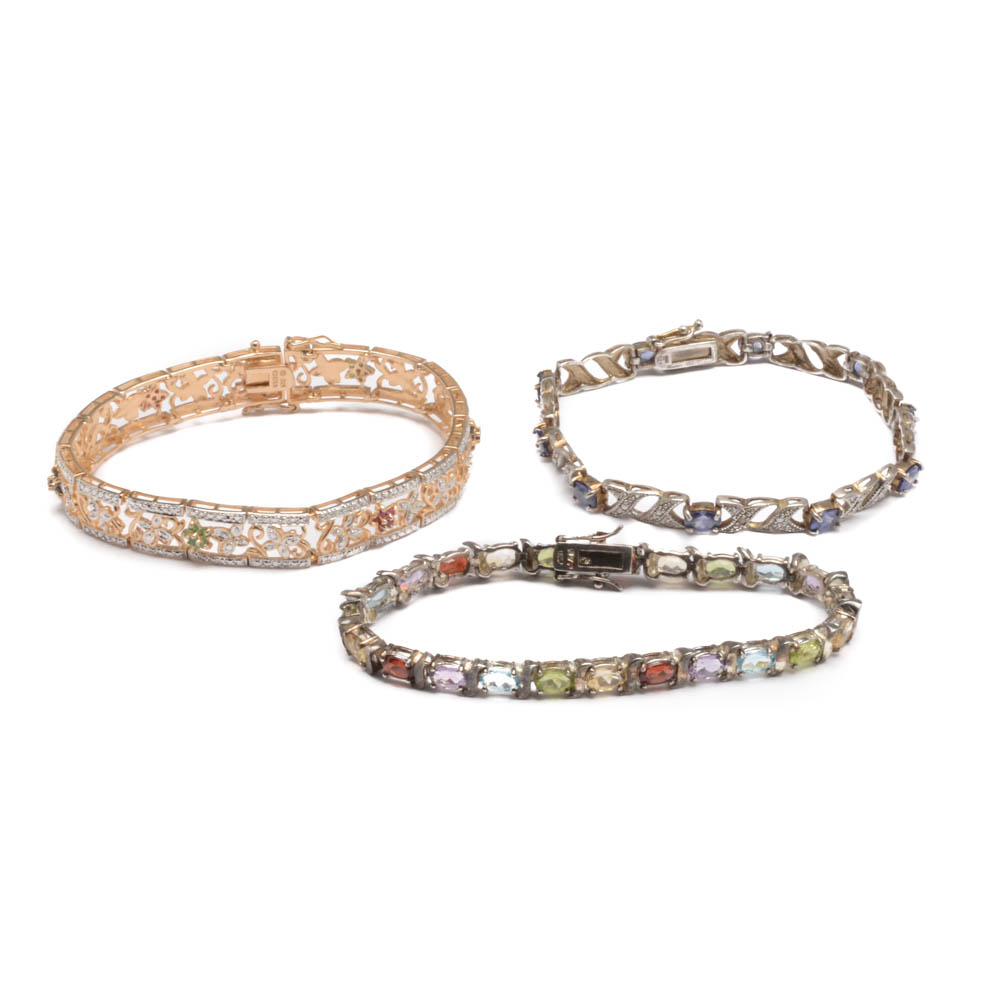Collection of Three Sterling Silver Semi-Precious Stone Tennis Bracelets