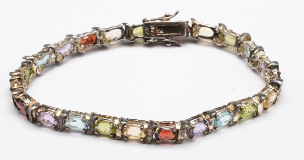 Collection of Three Sterling Silver Semi-Precious Stone Tennis Bracelets