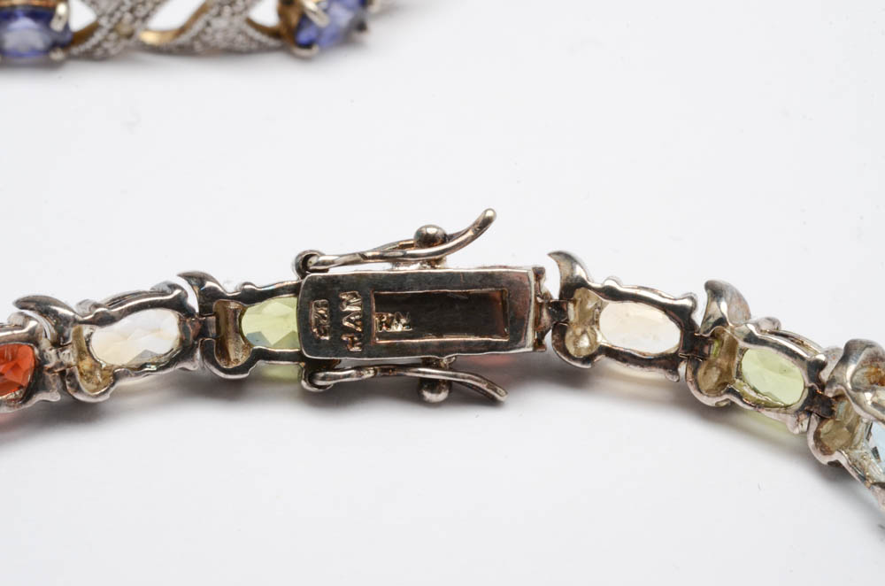 Collection of Three Sterling Silver Semi-Precious Stone Tennis Bracelets