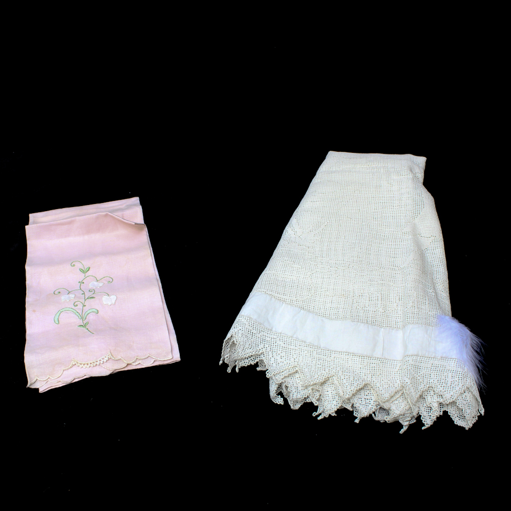 Vintage Lace Tablecloth and Embroidered Tea Towel Set