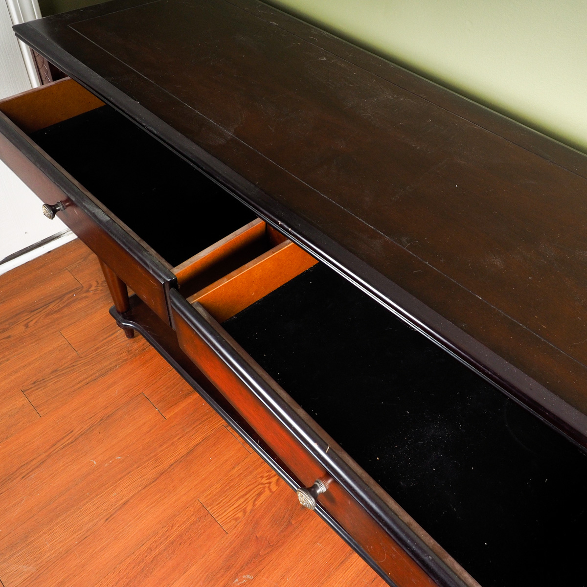 Dark Wood Credenza with Drawers and Shelf