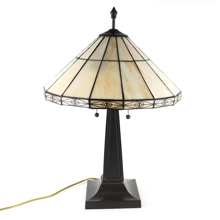 Tiffany Style Table Lamp with White Shade and Metal Base