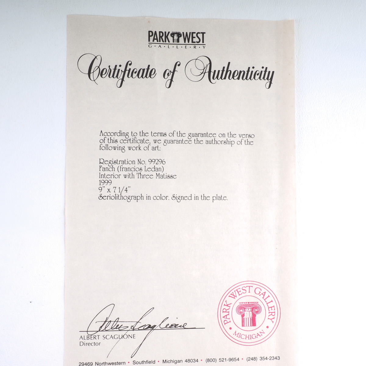 Framed Seriolithograph of "Interior with Three Matisse" After Fanch