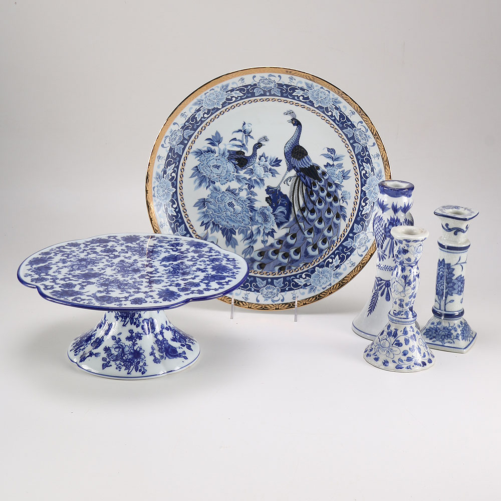 Blue and White Ceramic Serving Trays and Candle Holders