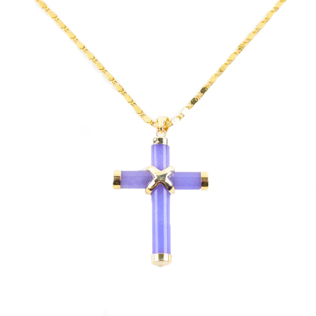 18K Gold and Purple Dyed Jade Cross Pendant