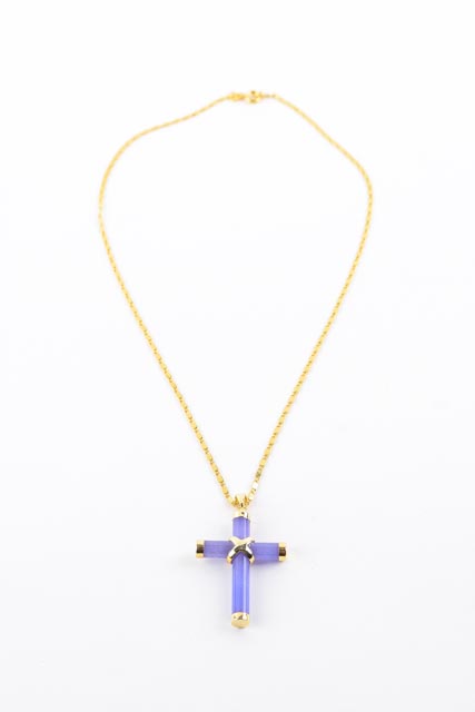 18K Gold and Purple Dyed Jade Cross Pendant