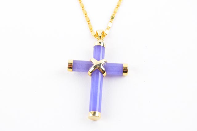18K Gold and Purple Dyed Jade Cross Pendant
