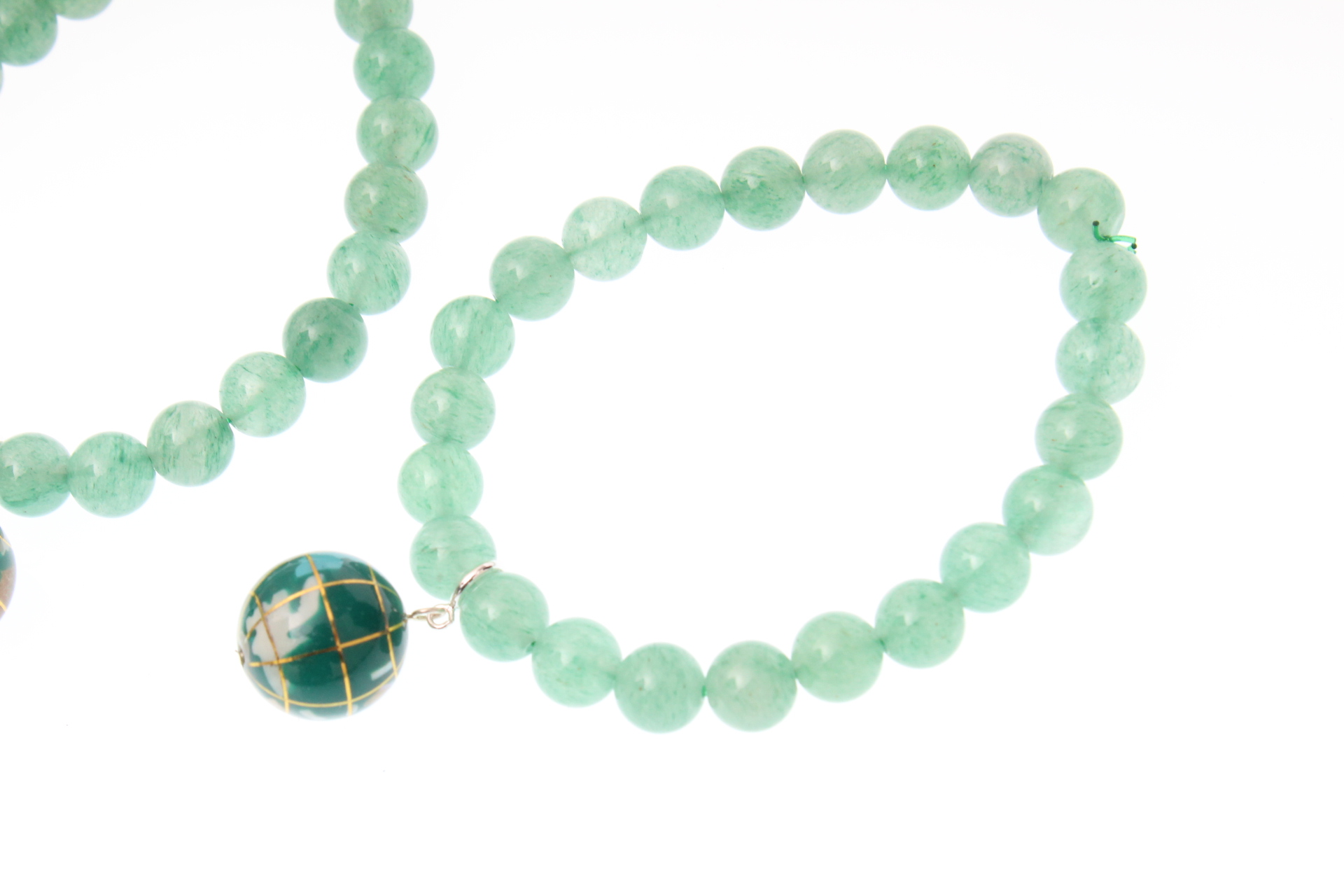 Jade Beaded Bracelet, Cloisonné Globe with Sterling Silver