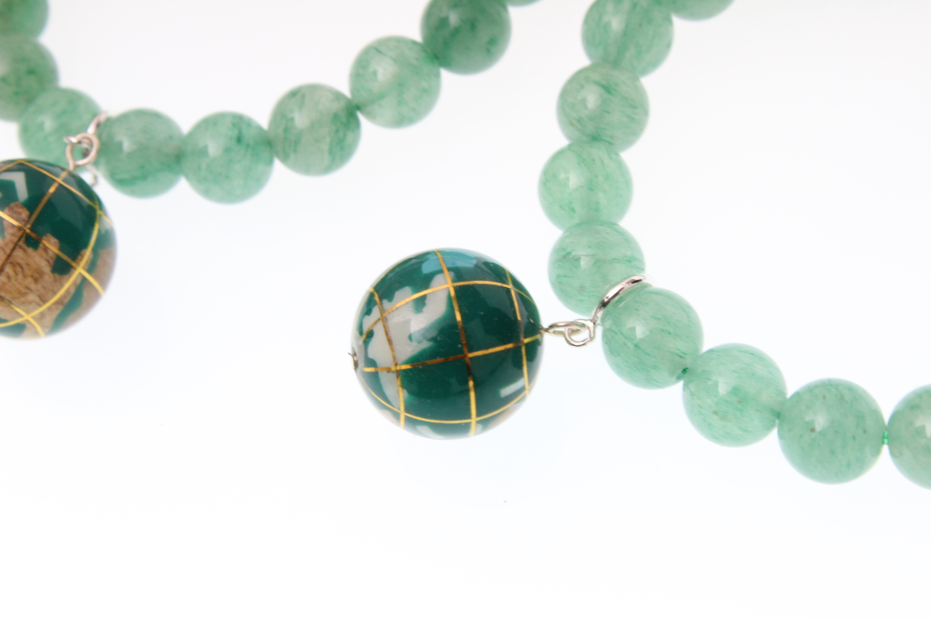 Jade Beaded Bracelet, Cloisonné Globe with Sterling Silver