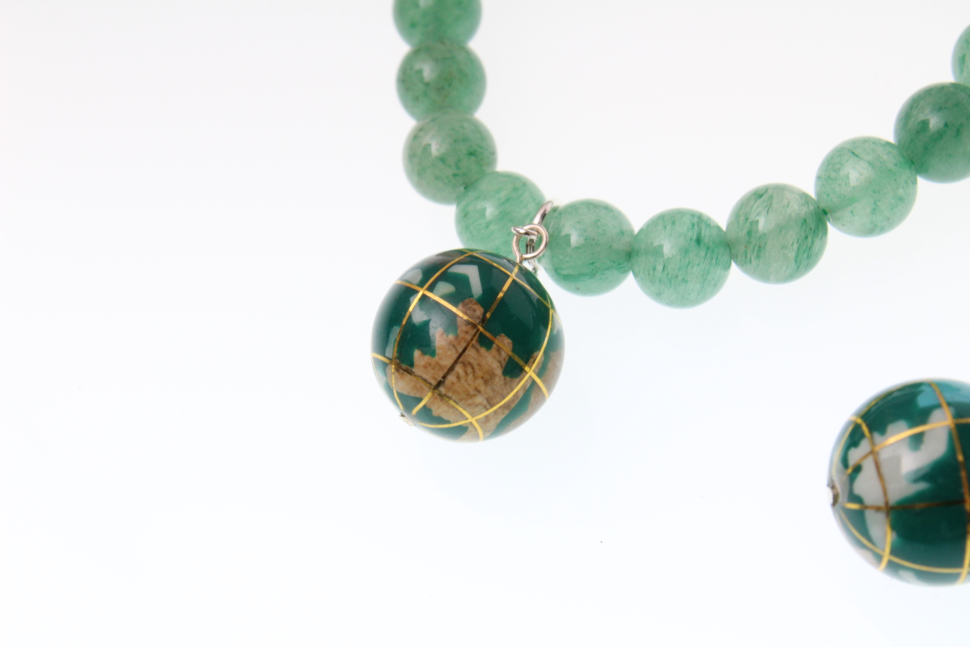 Jade Beaded Bracelet, Cloisonné Globe with Sterling Silver