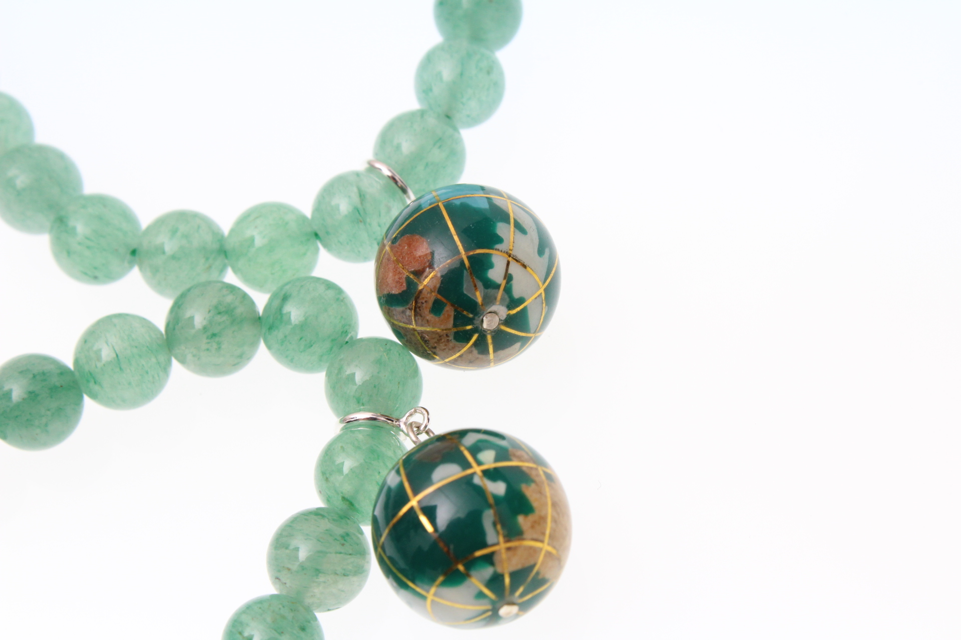 Jade Beaded Bracelet, Cloisonné Globe with Sterling Silver