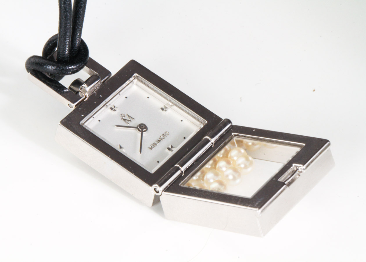 Mikimoto Floating Pearl and Stainless Steel Clock Pendant Necklace