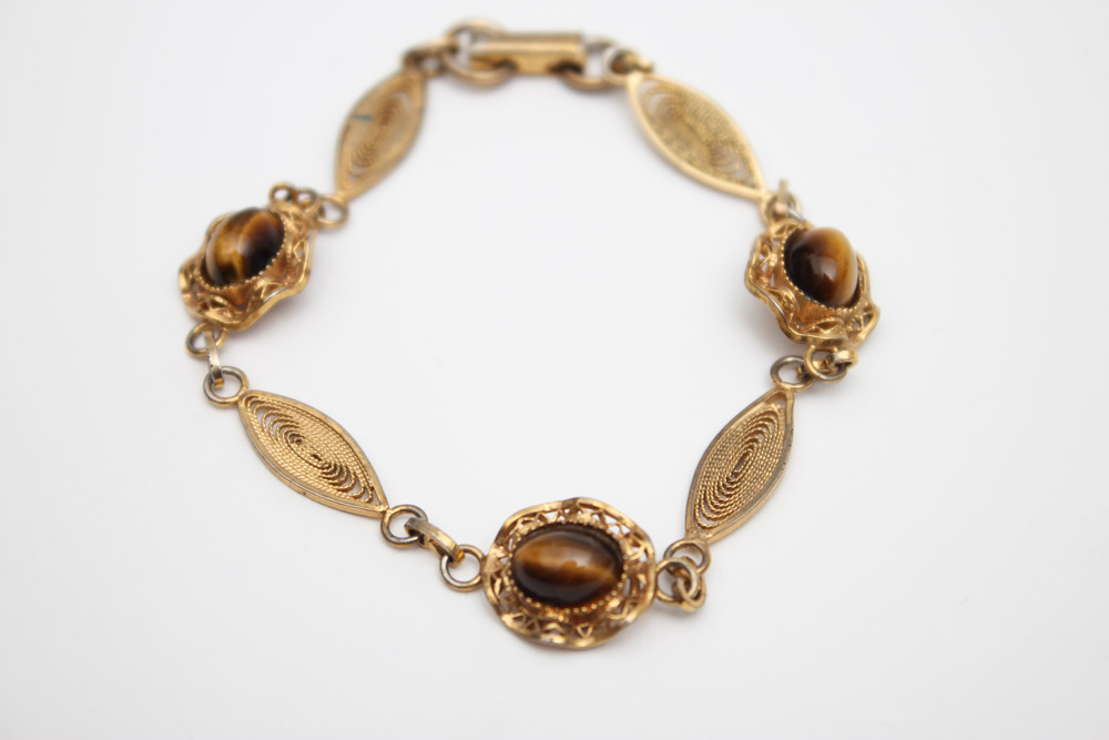 Gold Filled and Gold Tone Tiger's Eye Bracelet and Pendant