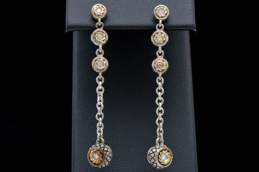 Sterling Silver, 18K Gold and Diamond Dangle Drop Earrings