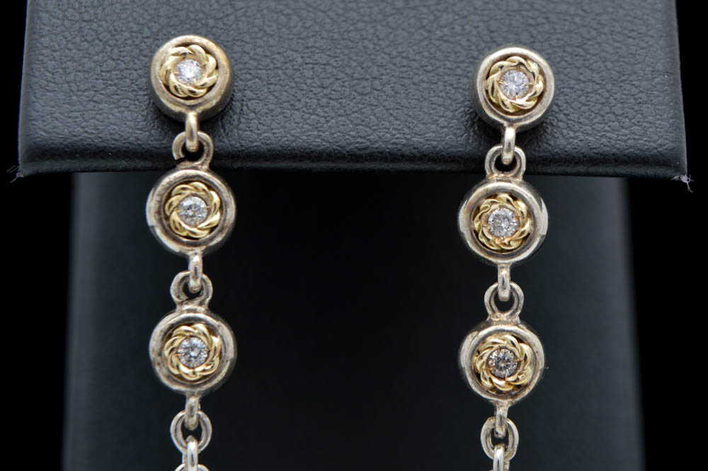 Sterling Silver, 18K Gold and Diamond Dangle Drop Earrings