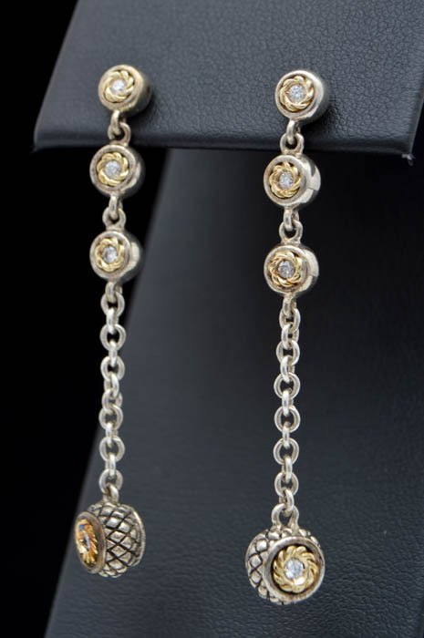 Sterling Silver, 18K Gold and Diamond Dangle Drop Earrings