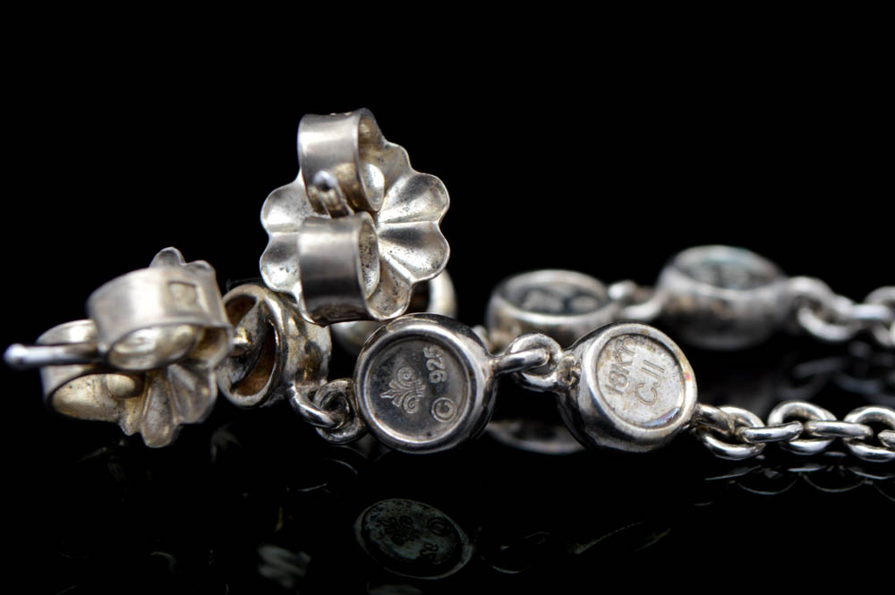 Sterling Silver, 18K Gold and Diamond Dangle Drop Earrings