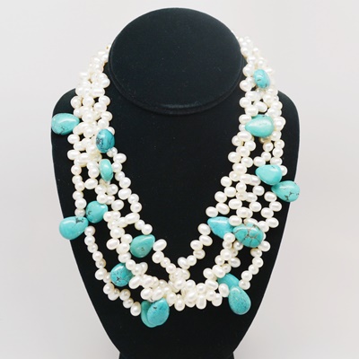 Sterling Silver Turquoise and Pearl Multi-Strand Necklace by Diana Venezia