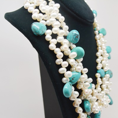 Sterling Silver Turquoise and Pearl Multi-Strand Necklace by Diana Venezia