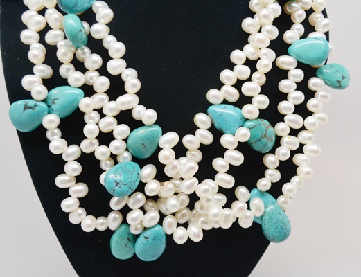 Sterling Silver Turquoise and Pearl Multi-Strand Necklace by Diana Venezia